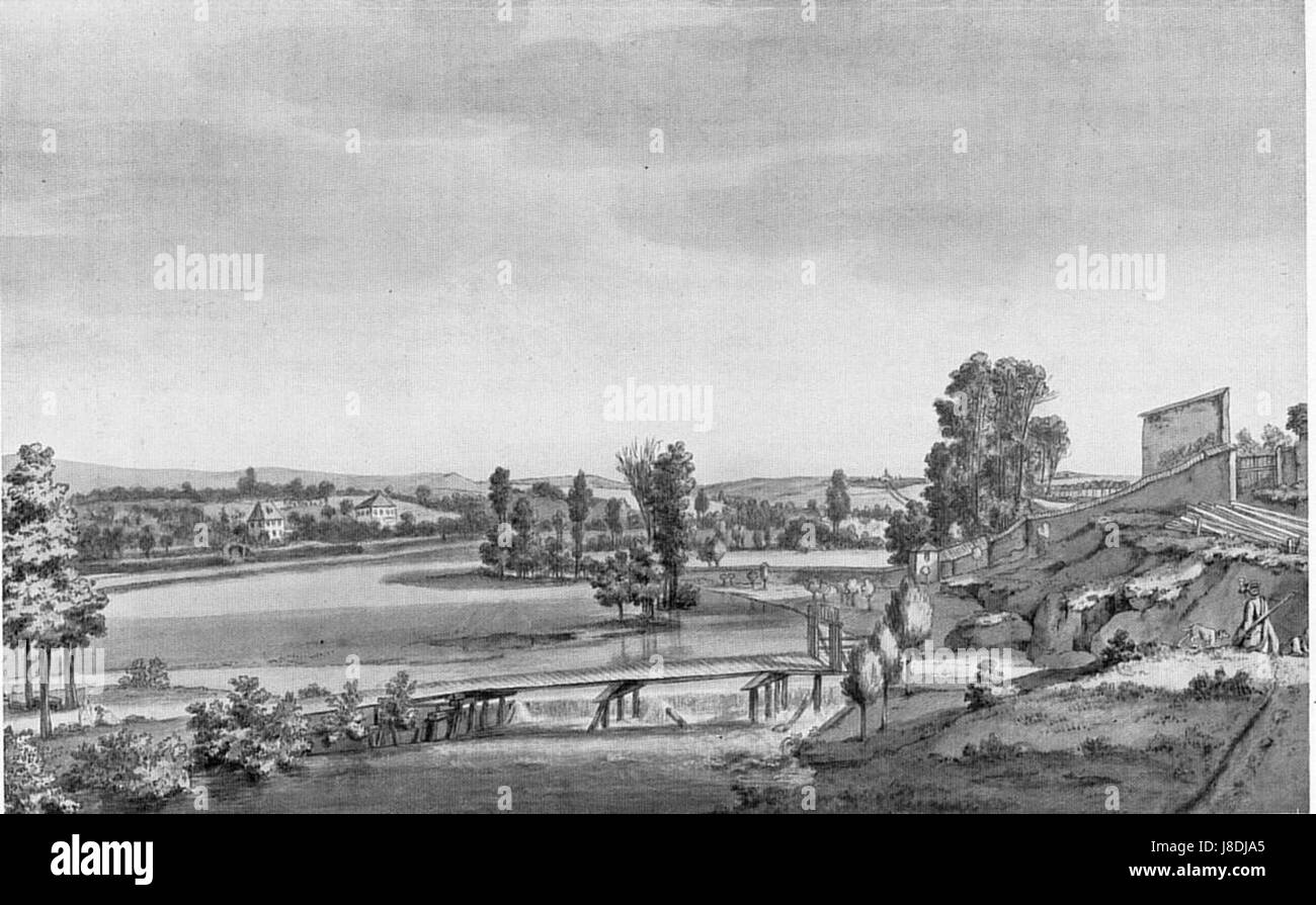 DieFlossbrueckeMitGoethesGartenhausVorDerParkgestaltungS55 Foto Stock