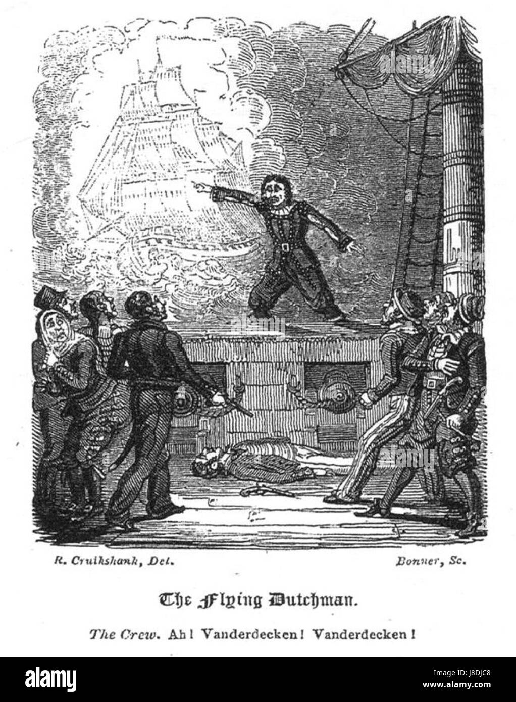 "The Flying Dutchman" di Edward Fitzball è un'opera drammatica incentrata sul mito della nave fantasma, conosciuta come Flying Dutchman, e del suo equipaggio maledetto. La storia, radicata nel folklore marittimo, esplora temi del destino, del destino e degli elementi soprannaturali. Foto Stock