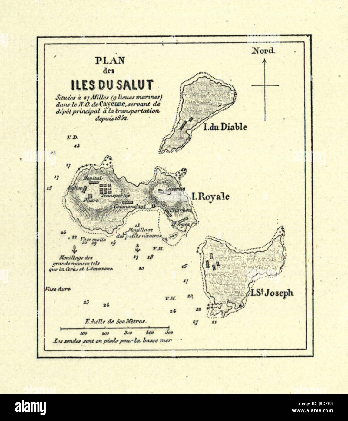 Le Iles du Salut sono un gruppo di isole al largo della costa della Guiana francese, note per il loro uso come colonia penale francese. La mappa del 1852 fornisce informazioni sulla loro struttura geografica e sul loro ruolo durante il XIX secolo. Foto Stock