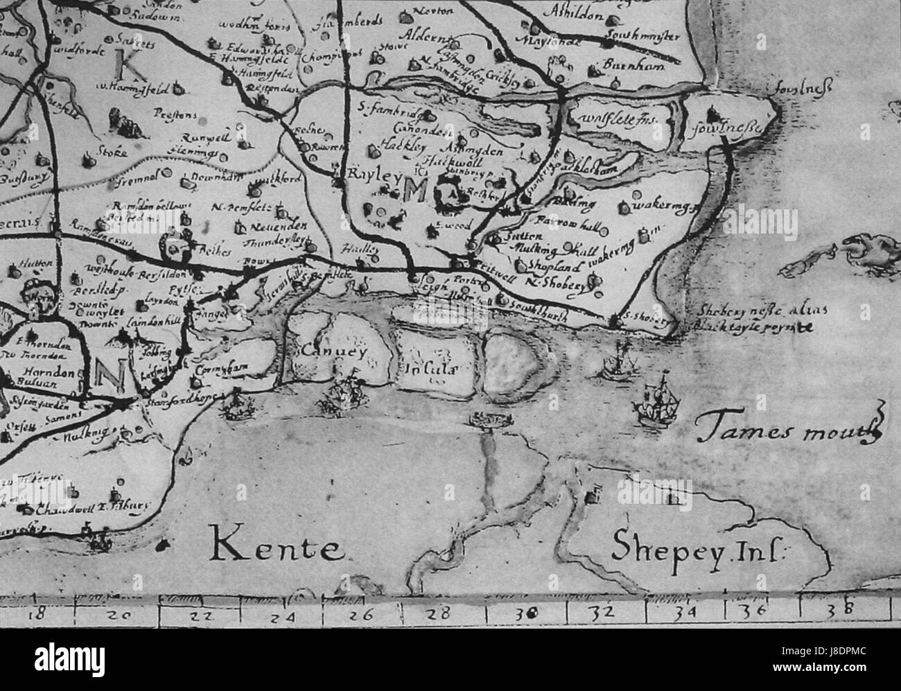 La mappa del 1594 di John Nordenâ dell'Essex meridionale fornisce una visione dettagliata della geografia e dell'uso del territorio della regione durante la fine del XVI secolo. Riflette i confini storici e la topografia della zona. Foto Stock