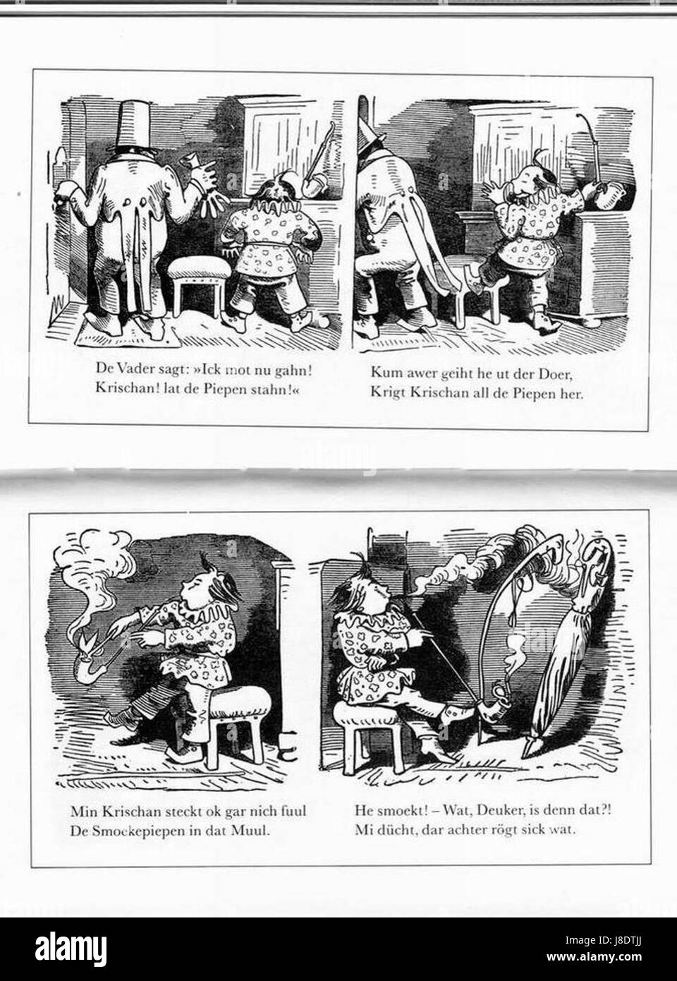 Questo titolo si riferisce a un'opera d'arte o a una scena intitolata "Krischan mit der Piepe" di Busch. Il titolo probabilmente fa riferimento a un personaggio o a una scena della cultura tedesca, possibilmente un'illustrazione o una rappresentazione. Foto Stock
