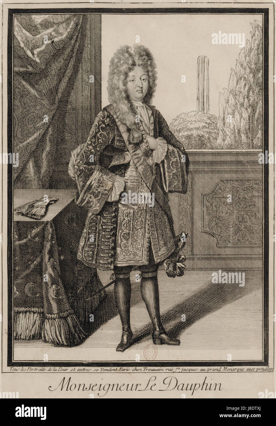 Questa incisione raffigura Luigi Delfino di Francia (1661–1711), il figlio maggiore di Luigi XIV di Francia. Mostra una rappresentazione storica della figura reale francese durante la fine del XVII secolo. Foto Stock