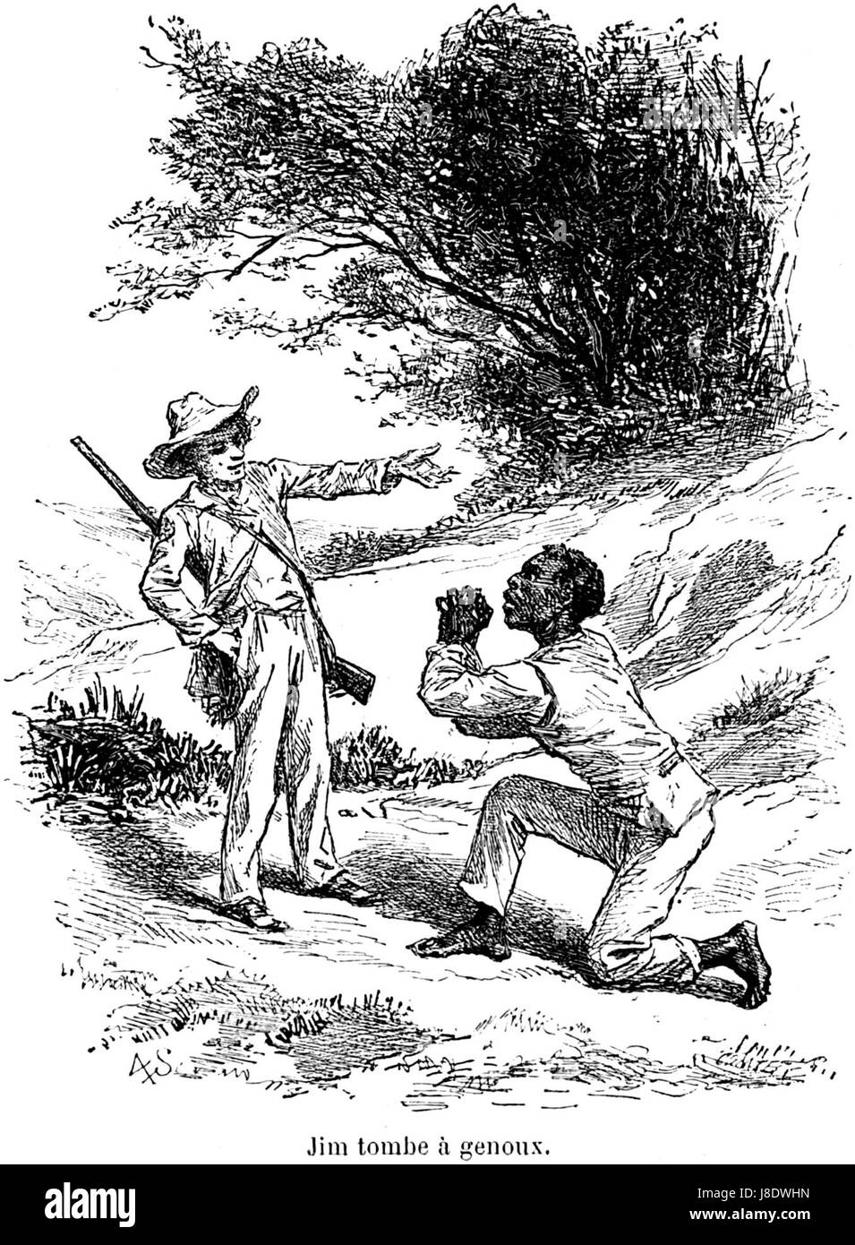 Questa illustrazione è tratta da "le avventure di Huckleberry Finn" di Mark Twain, che cattura una scena del classico romanzo americano. Il libro è un lavoro chiave nella letteratura americana, esplorando temi di libertà, razza e moralità. Foto Stock