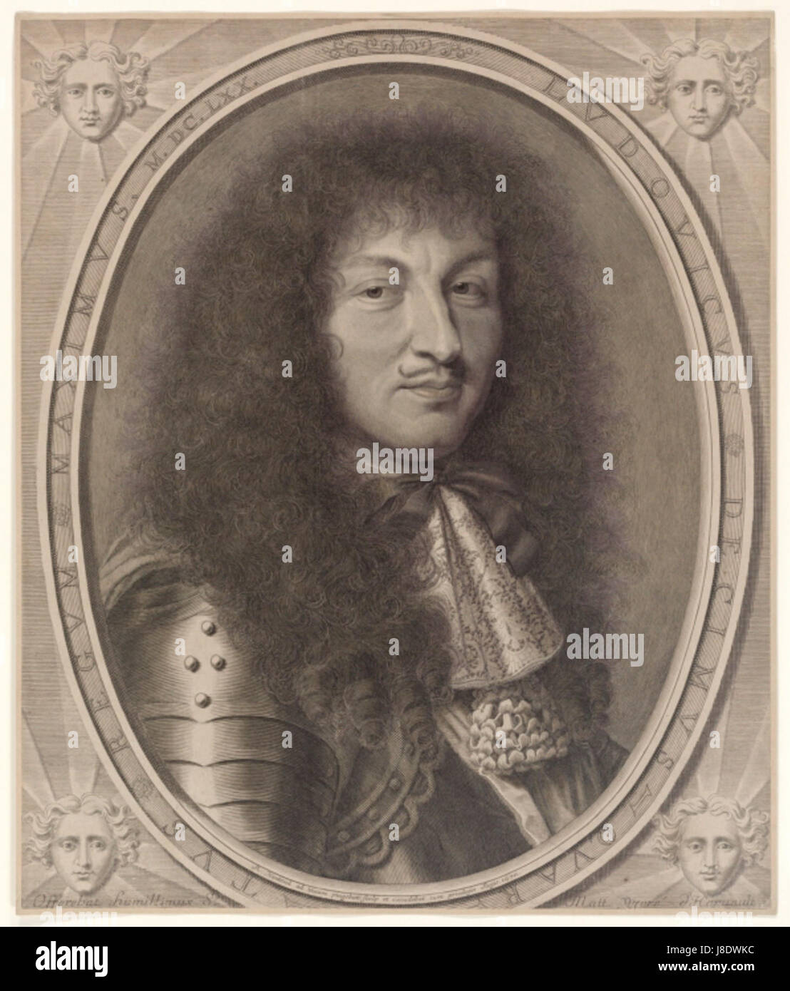 Luigi XIV, raffigurato da Robert Nanteuil nel 1670, è un'incisione iconica che riflette la grandezza del monarca di Franceâ. Conosciuto per il suo regno come Re Sole, il ritratto mette in evidenza la sua statura reale e l'intricata arte del periodo, contribuendo all'eredità dell'arte barocca. Foto Stock