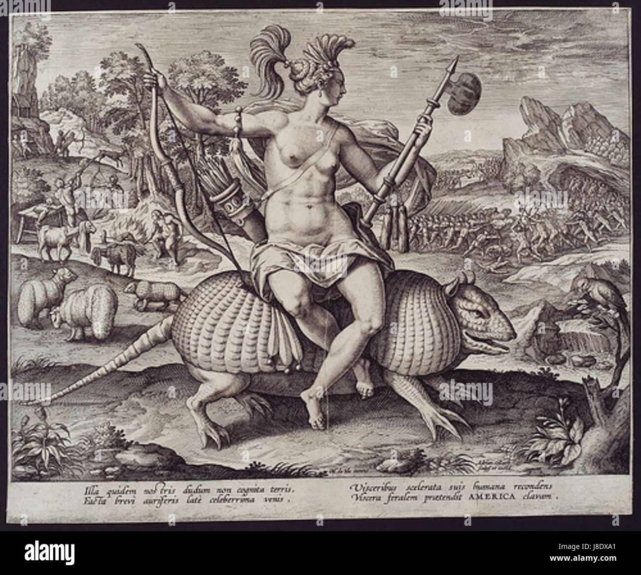 Questa opera d'arte di Marten de Vos e Adriaen Collaert raffigura scene dell'America nel XVI secolo, catturando le prime esplorazioni e le vedute esotiche del nuovo mondo, con intricate incisioni. Foto Stock