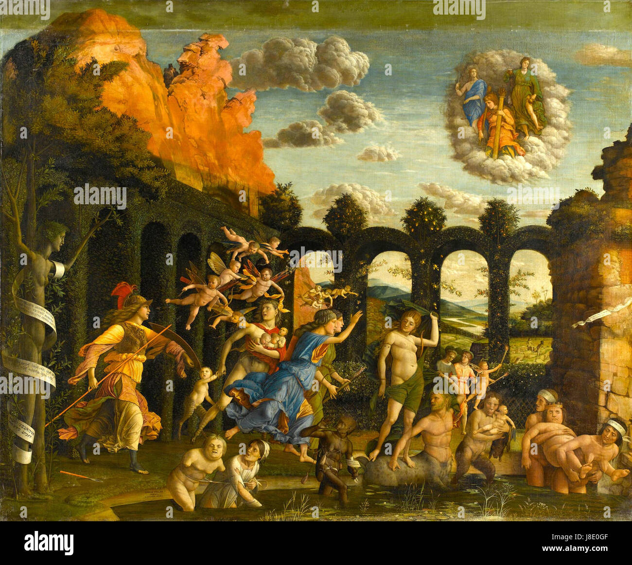 "Minerva Garden Virtue" di Andrea Mantegna raffigura la dea romana Minerva, simboleggiando saggezza e virtù. L'opera combina temi mitologici classici con ideali rinascimentali di bellezza e intelletto. Foto Stock