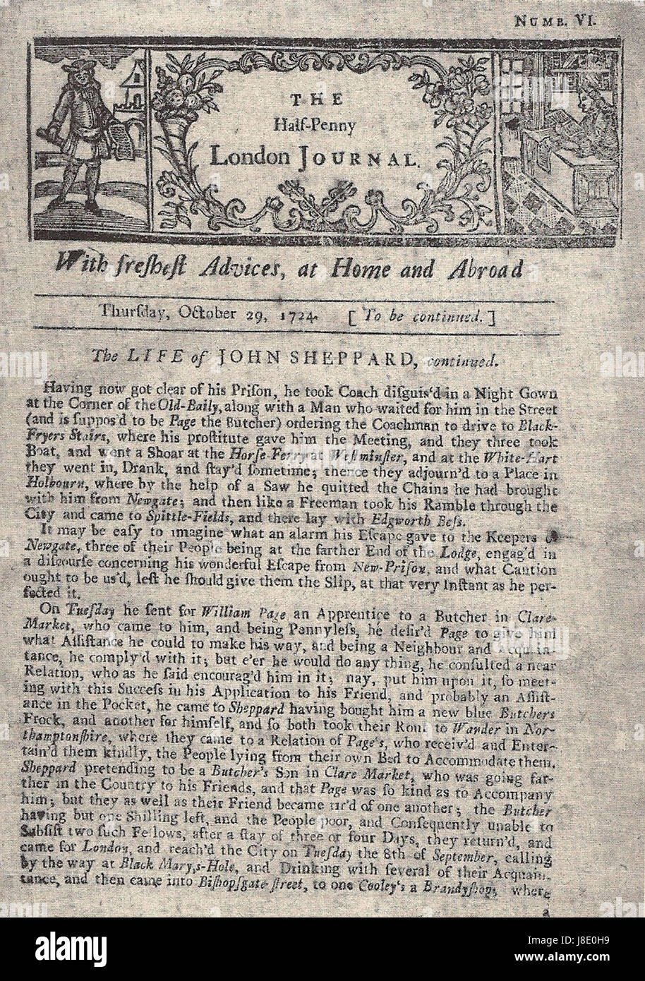 L'Half Penny London Journal del 1724 fu una pubblicazione che fornì informazioni sugli eventi e la cultura della Londra del XVIII secolo. La rivista ha trattato argomenti come la politica, la vita sociale e gli sviluppi culturali durante il periodo. Foto Stock
