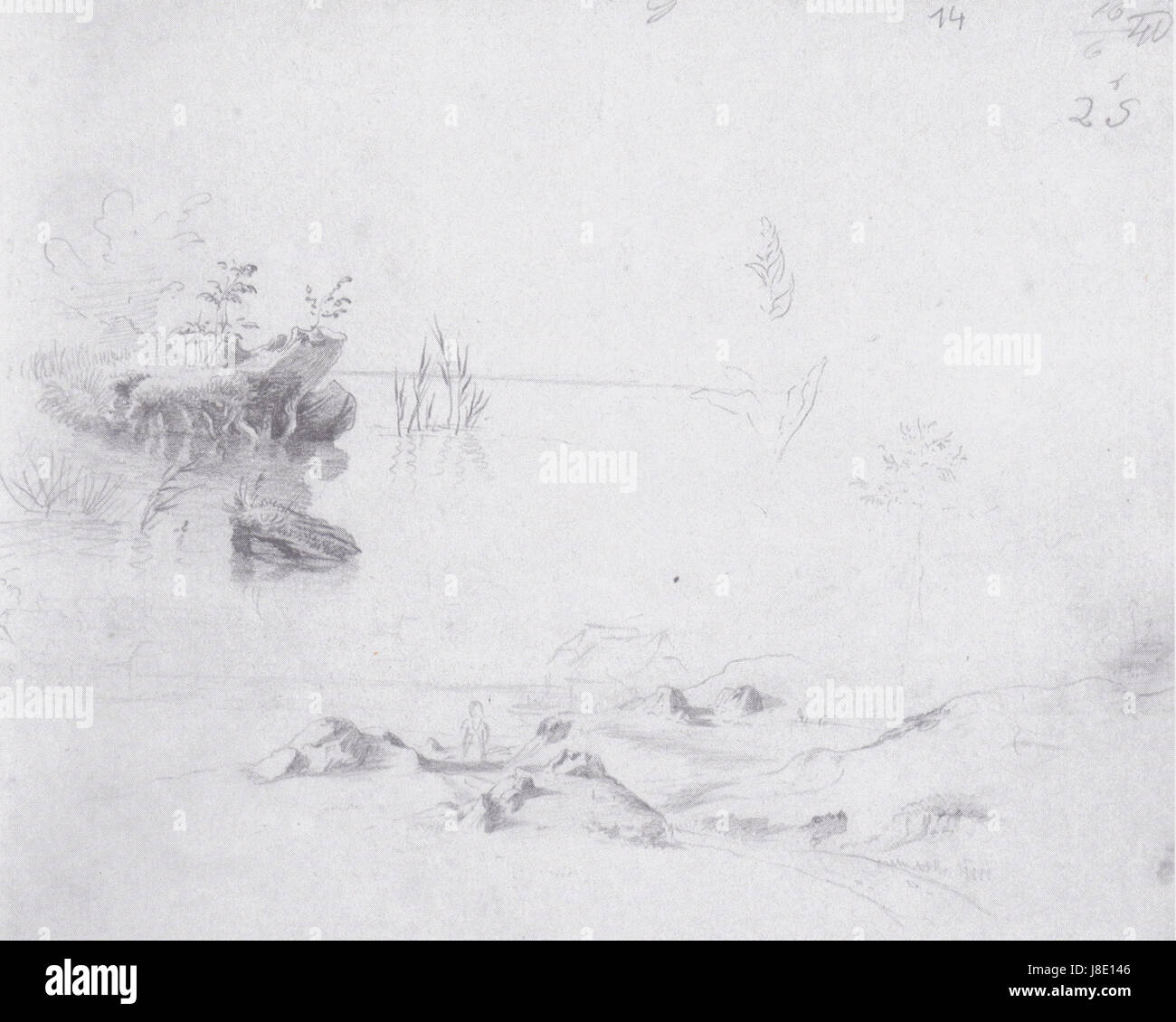 Markus Pernhartâ€™S 1840 Vordergrundskizze è uno schizzo preliminare, probabilmente realizzato per un'opera d'arte più grande. Pernhart, un noto artista austriaco, è stato riconosciuto per i suoi dipinti paesaggistici e per i suoi contributi al periodo Biedermeier. Lo schizzo rivela il suo processo artistico e la sua attenzione all'acquisizione di dettagli naturali nei suoi paesaggi. Foto Stock