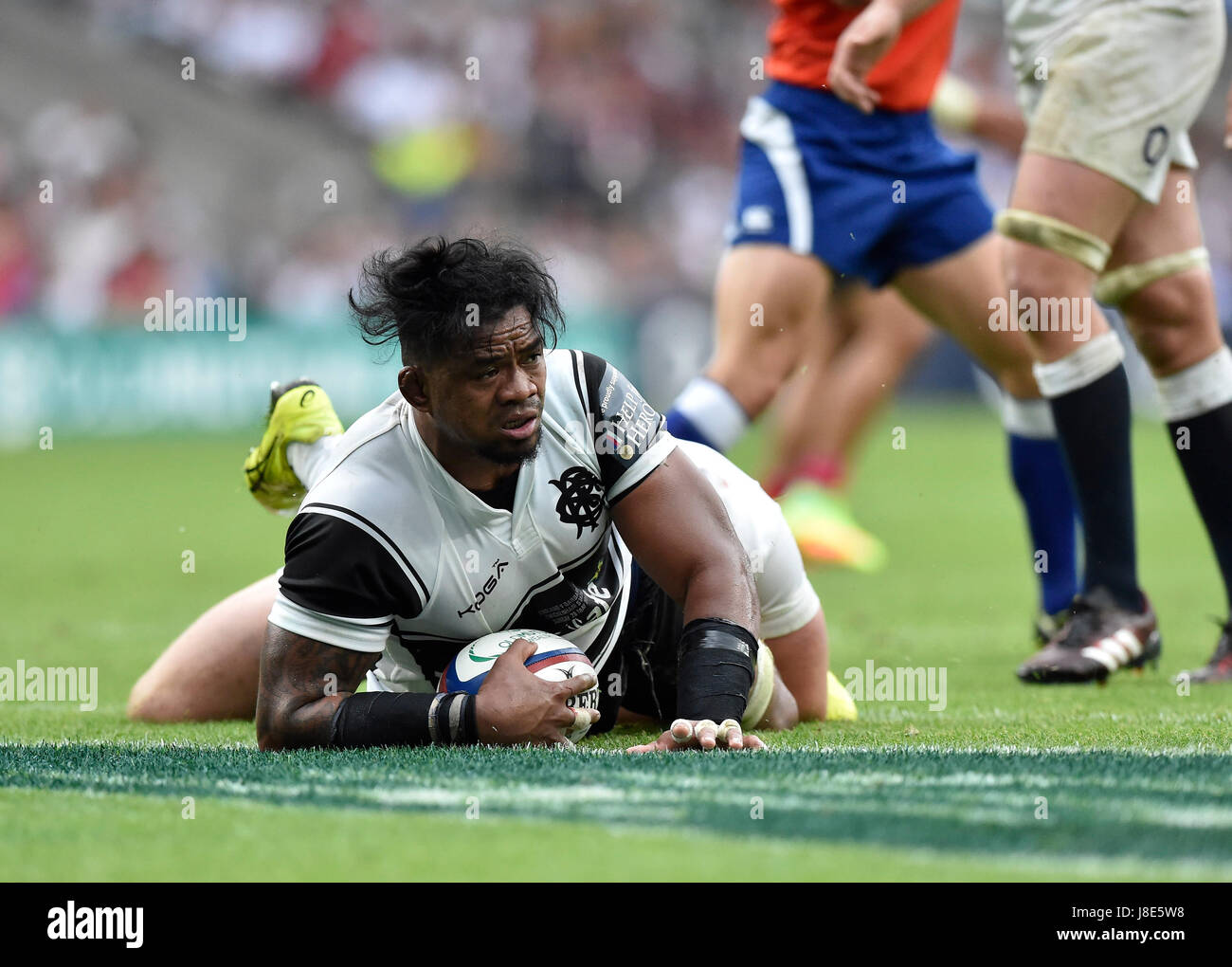Londra, Inghilterra - 28 Maggio 2017: Joe Tekori (Barbari) ha segnato una prova durante il 2017 Old Mutual ricchezza Cup: Inghilterra vs Barbari a Twickenham Stadium. Credito: Taka Wu/Alamy Live News Foto Stock