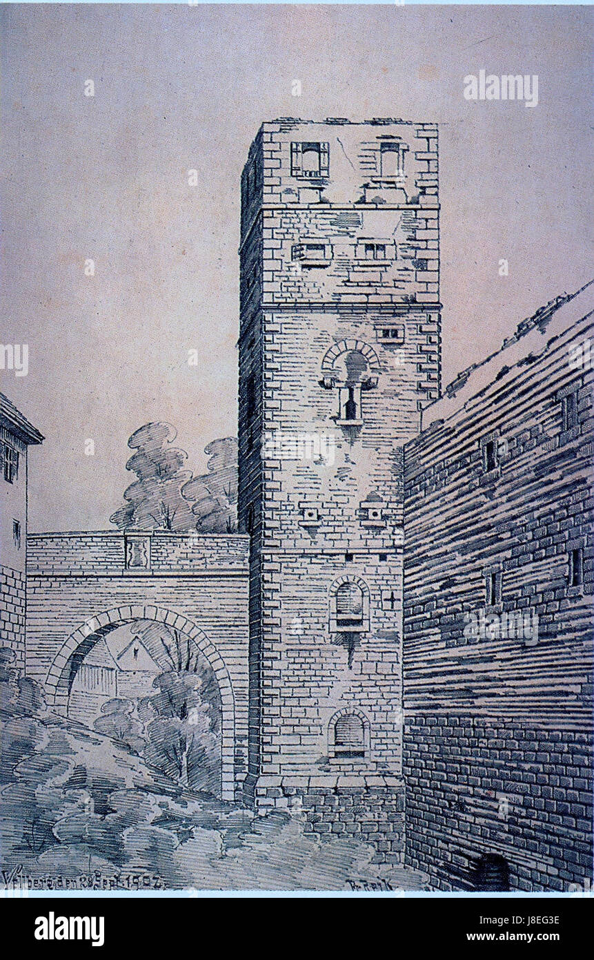 Questo dipinto ad acquerello di Johann Friedrich Reik, completato nel 1902, raffigura il Torturm a Vellberg dopo l'incendio della città. Il lavoro di Reik cattura le drammatiche conseguenze del disastro e gli sforzi di ricostruzione. Foto Stock