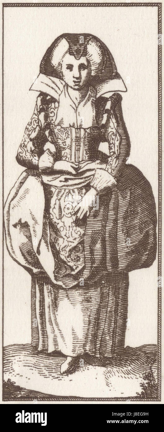 Faemina Plebeia Parisiensis Femme bourgeoise de Paris, Mappa di Parigi di Claes Jansz. Visscher Foto Stock