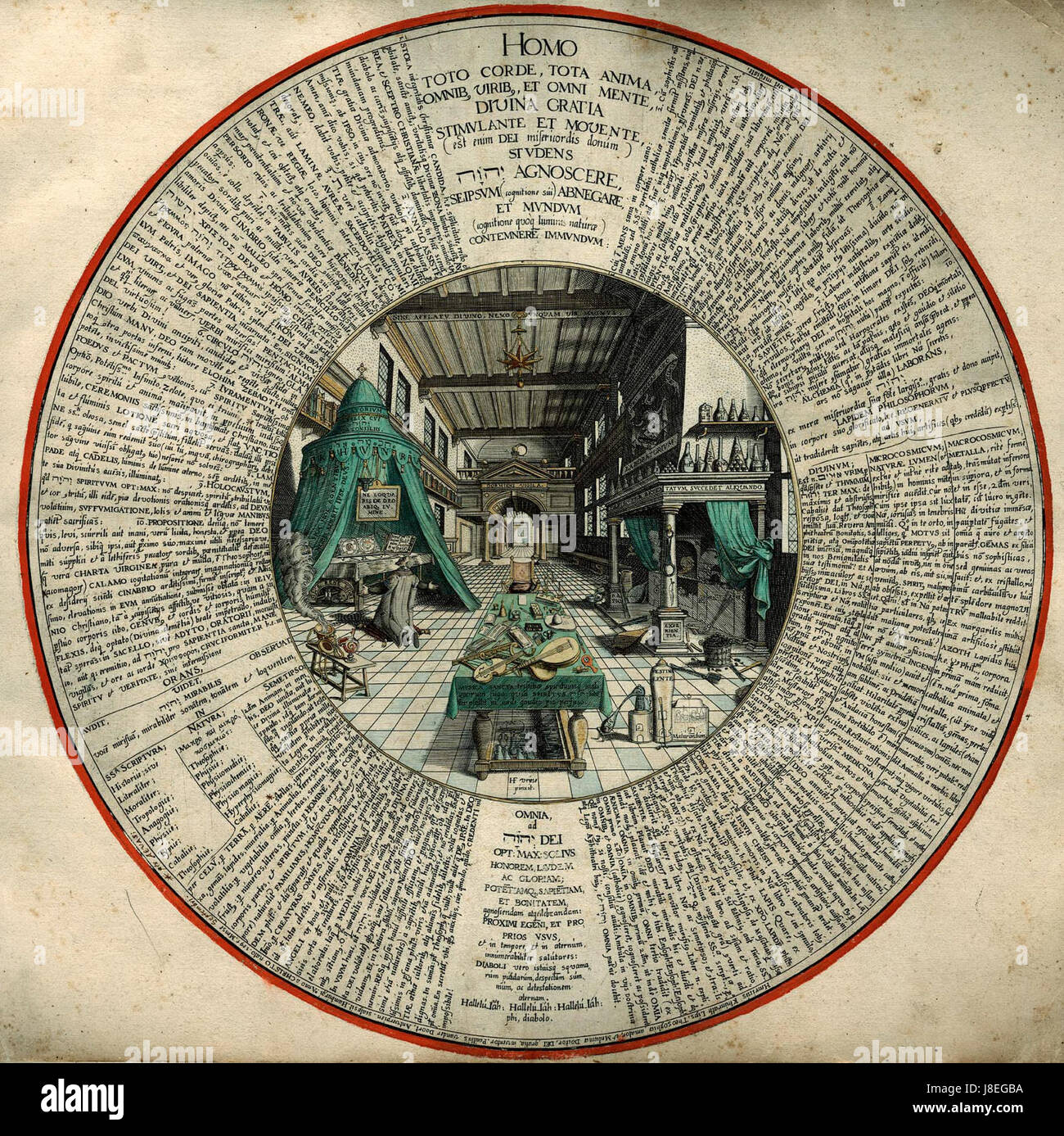 Questa immagine raffigura il laboratorio di alchimista dell'Amphitheatrum sapientiae aeternae, un'opera illustrata sull'alchimia. La scena combina il simbolismo alchemico medievale con testi accademici, mostrando il mondo mistico e scientifico degli alchimisti. Foto Stock