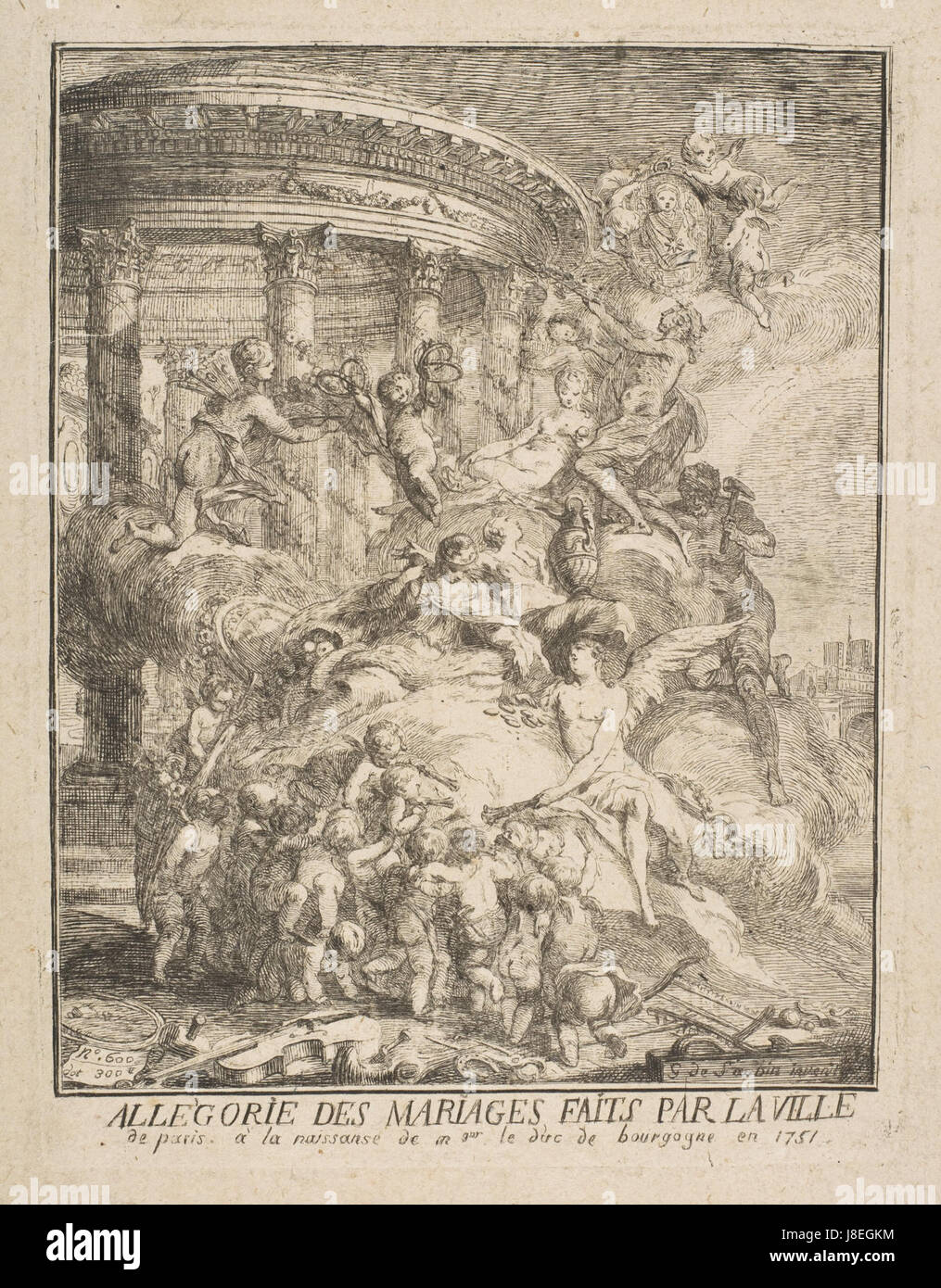 Il dipinto allegorico di Gabriel de Saint Aubin del 1752 celebra gli accordi di matrimonio stipulati dalla città di Parigi alla nascita del duca di Borgogna, mostrando l'arte francese del XVIII secolo e il simbolismo politico. Foto Stock