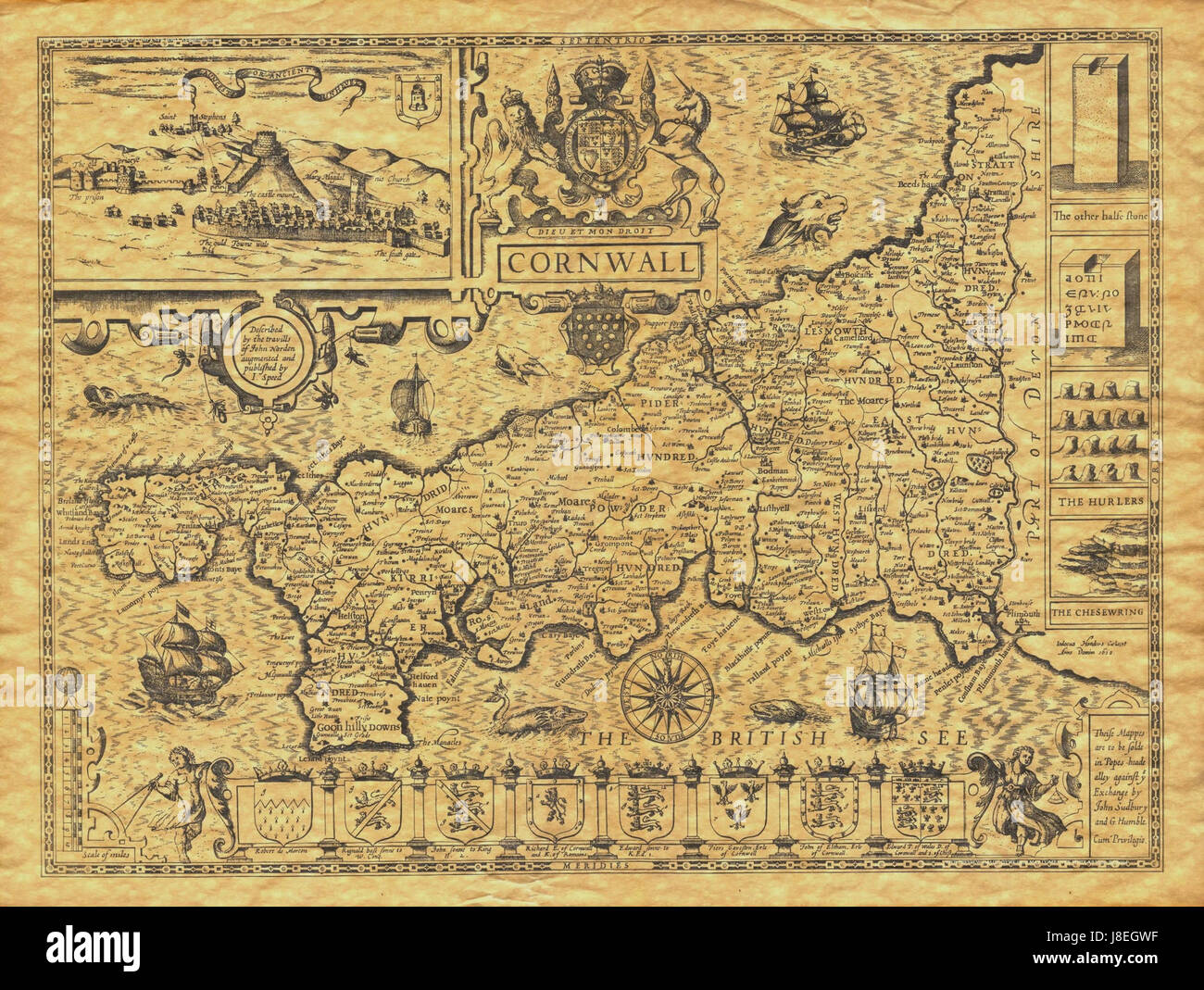 Questa mappa storica di John Speed, creata nel 1614, fornisce una rappresentazione dettagliata della Cornovaglia, in Inghilterra, durante i primi anni del XVII secolo, mostrando la geografia, gli insediamenti e i luoghi di interesse del regionÂ. Foto Stock