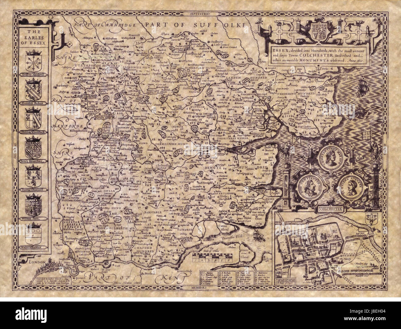 La John Speed Map of Essex 1610 è un'opera cartografica storica che descrive la contea dell'Essex in Inghilterra. Creato da John Speed, è un esempio significativo di cartografia moderna, che fornisce informazioni sulle divisioni geografiche e amministrative del tempo. Foto Stock