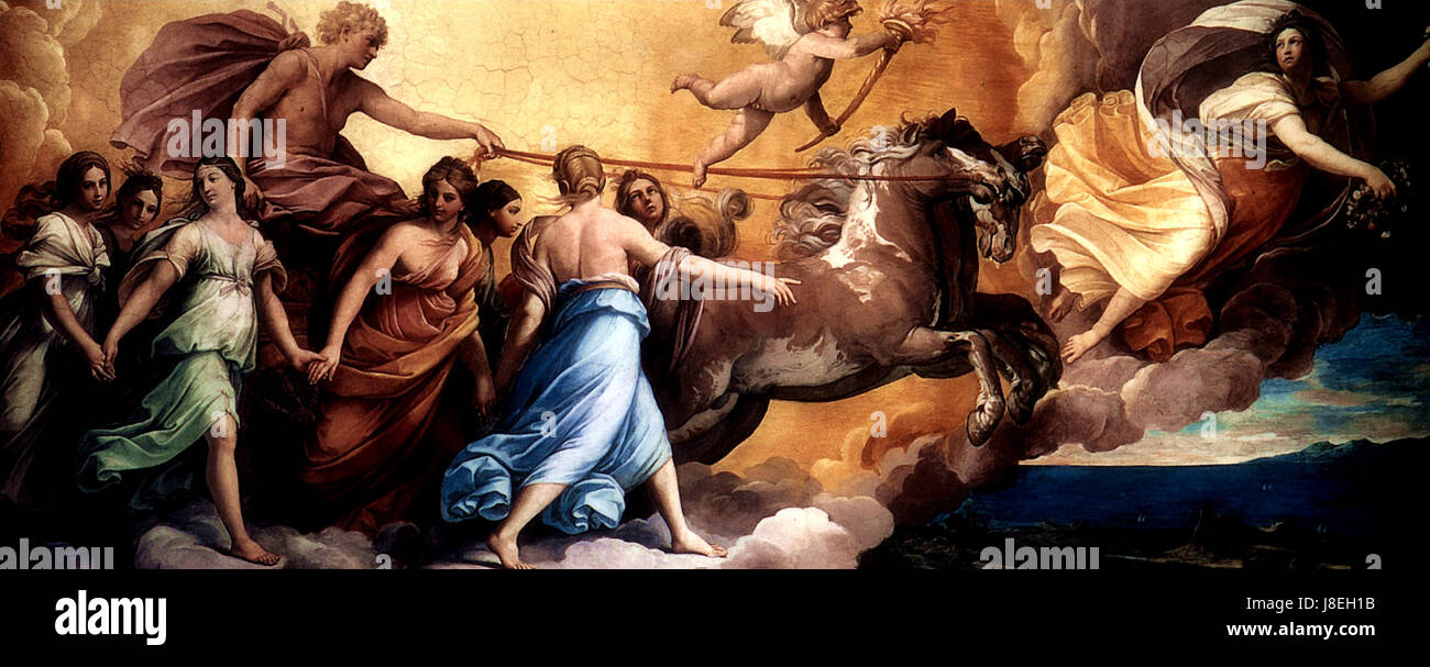 Il dipinto "l'Aurora" di Guido Reniâ è stato adattato nelle arti decorative, influenzando il design con la sua rappresentazione classica di Aurora. Foto Stock