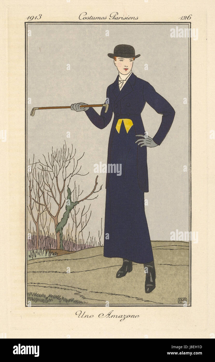 "Costumes Parisiens Une Amazone" di George Barbier è un'iconica illustrazione del 1913 che mostra la moda parigina. L'opera d'arte presenta una rappresentazione di un costume in stile amazzonico, che mette in risalto la complessa attenzione ai dettagli del design di Barbierâ. Foto Stock