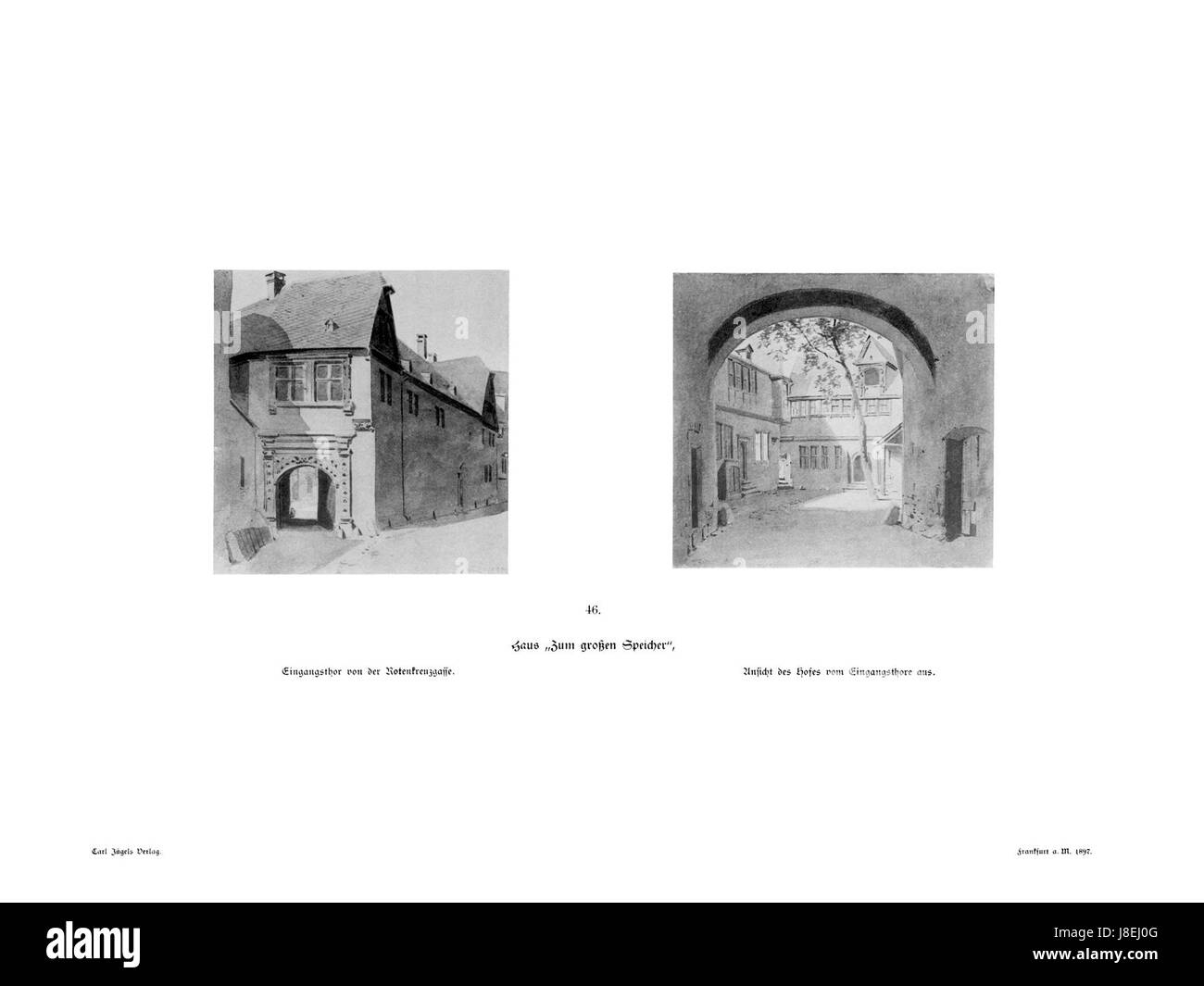 Un'illustrazione dell'opera di Carl Theodor Reiffenstein del 1897 raffigurante Francoforte sul meno, con dettagli architettonici e culturali della città all'epoca. Il pezzo fa parte di una collezione storica della serie FFMDFSIBUS, che offre un'istantanea del paesaggio urbano di Francoforte alla fine del XIX secolo. Foto Stock
