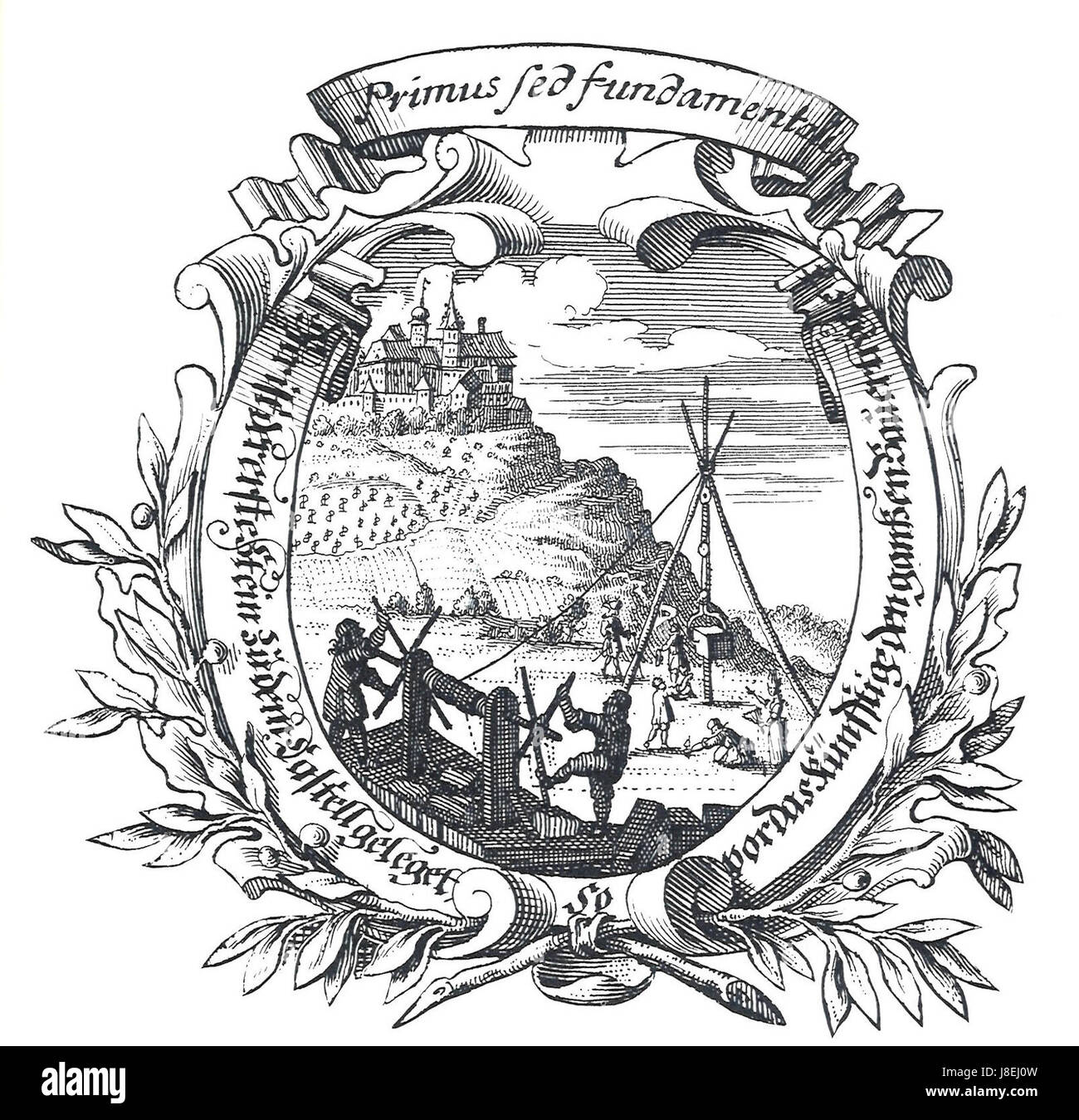 L'immagine mostra una vista dettagliata del frontespizio di un'opera storica, Castell, caratterizzata da intricati disegni ed elementi artistici tipici dell'epoca. Questo pezzo rappresenta l'intersezione tra arte e tradizione letteraria. Foto Stock