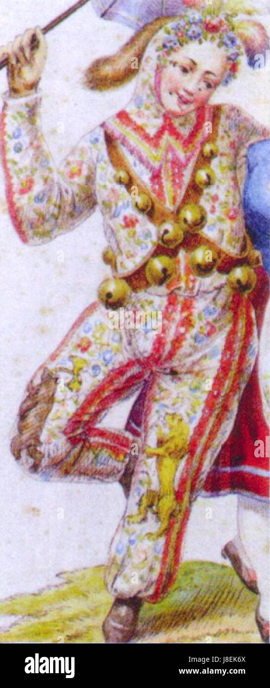 Donaueschinger Hansel è una figura popolare storica del XIX secolo, spesso rappresentata nell'arte tradizionale tedesca. Questo pezzo, datato 1856, mette in risalto il patrimonio culturale e le tradizioni popolari della regione di Donaueschingen, mostrando abbigliamento tradizionale e costumi locali. Foto Stock