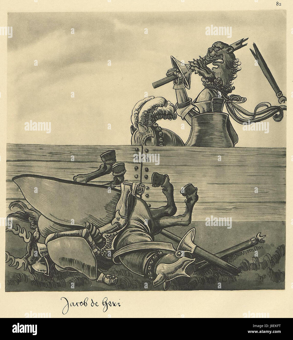 "Freydal Repro 1882 Tafel 082" si riferisce a un'immagine del libro del XIX secolo "Freydal" che raffigura tornei medievali. Questa riproduzione mette in risalto la tradizione cavalleresca e lo sfarzo dei concorsi cavallereschi medievali. Foto Stock