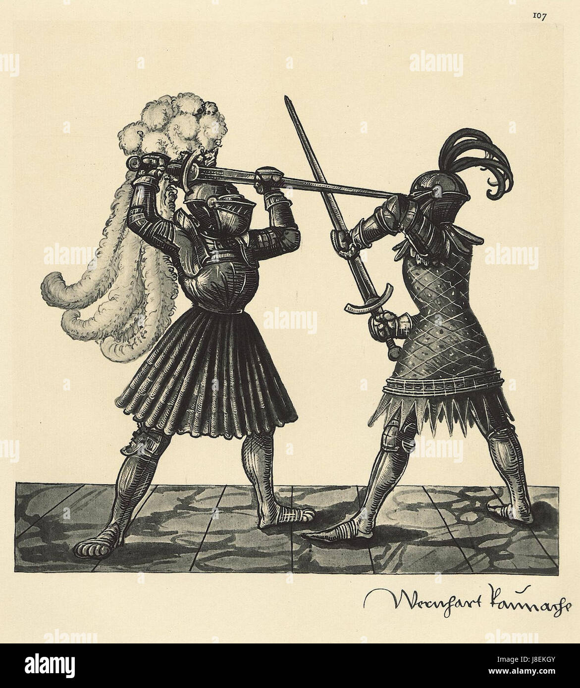 Freydal Repro 1882 Tafel 107 è una riproduzione artistica che presenta una scena storica. Questa riproduzione fa parte del manoscritto Freydal, noto per le sue raffigurazioni di vita cavalleresca e tornei medievali. Foto Stock