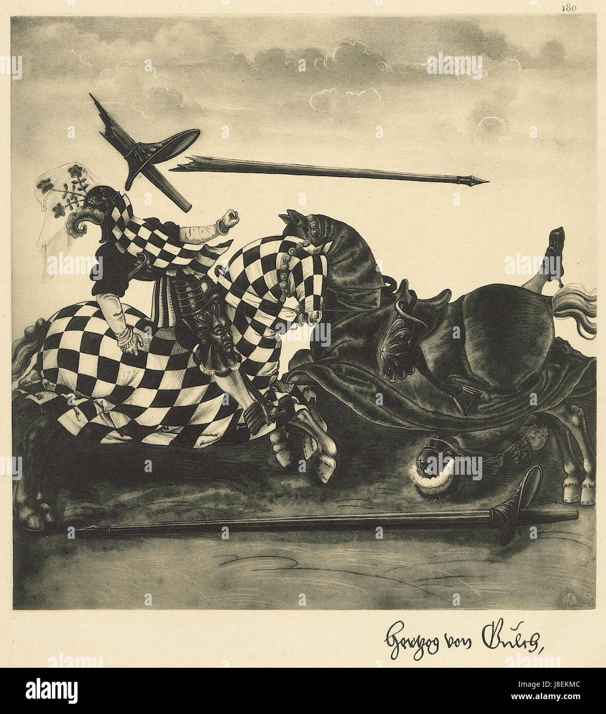 L'immagine raffigura una riproduzione di un'illustrazione della pubblicazione del 1882 "Freydal", che mostra scene di tornei medievali ed eventi giocolieri, catturando la vibrante cultura e le tradizioni cavalleresche dell'epoca. Foto Stock