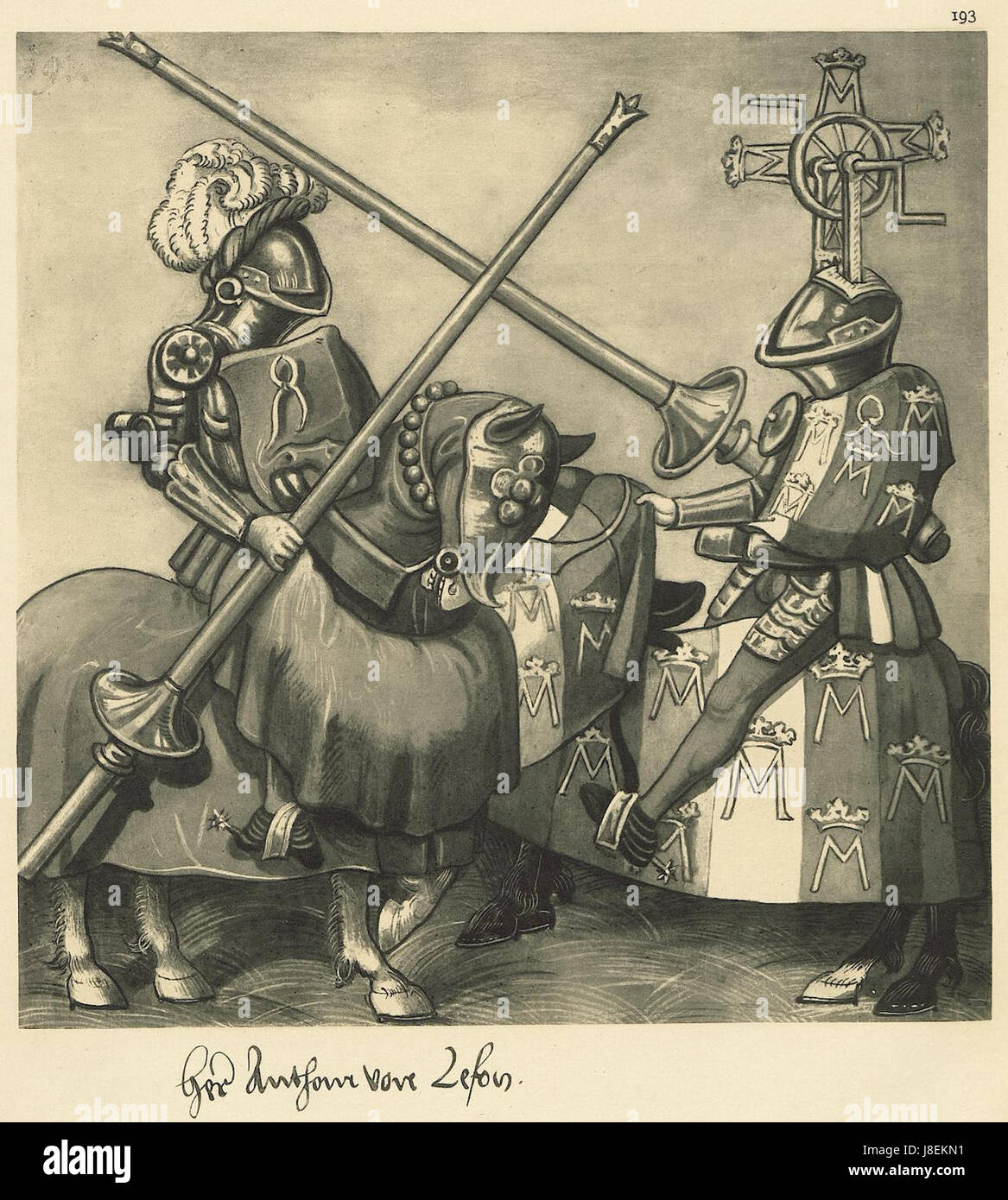 Questa riproduzione del 1882 di "Freydal" presenta una scena della famosa serie di manoscritti. Il ciclo "Freydal" era noto per le sue dettagliate raffigurazioni dei tornei medievali e della vita nobile nel Sacro Romano Impero. Foto Stock