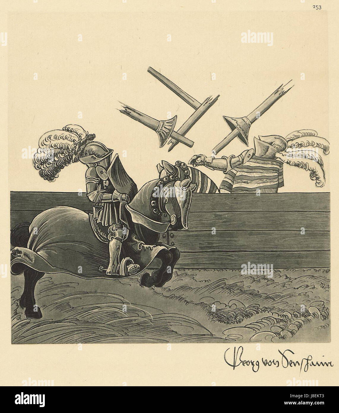 Questo lavoro è una riproduzione della serie *Freydal*, datata 1882, che presenta una scena del periodo medievale. La serie *Freydal* include intricate raffigurazioni di giostre medievali, tornei e temi cavallereschi, che riflettono gli ideali e lo sfarzo dell'epoca. Il tavolo 253 presenta probabilmente un'illustrazione di uno di questi eventi, che offre informazioni sulla cultura medievale e sui festeggiamenti. Foto Stock
