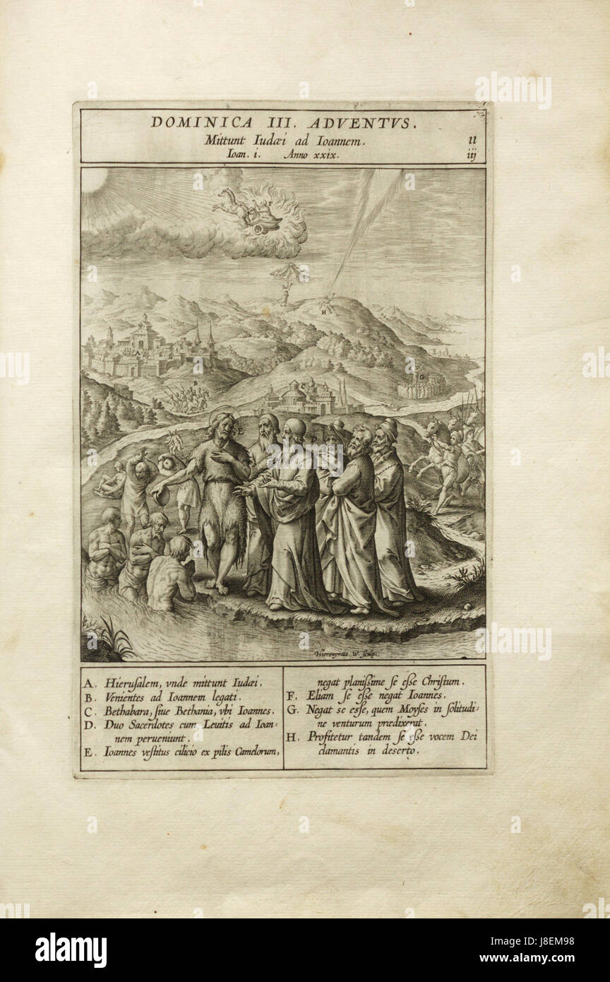 "Evangelicae Historiae imagines 11 III Dominica III. Adventus" è un libro illustrato che raffigura scene chiave del Vangelo cristiano. Si concentra sulla terza domenica di Avvento, mettendo in evidenza temi di preparazione e di anticipazione per la venuta di Cristo. Le illustrazioni servono da guida visiva alla narrazione biblica, a sostegno della riflessione durante l'Avvento. Foto Stock
