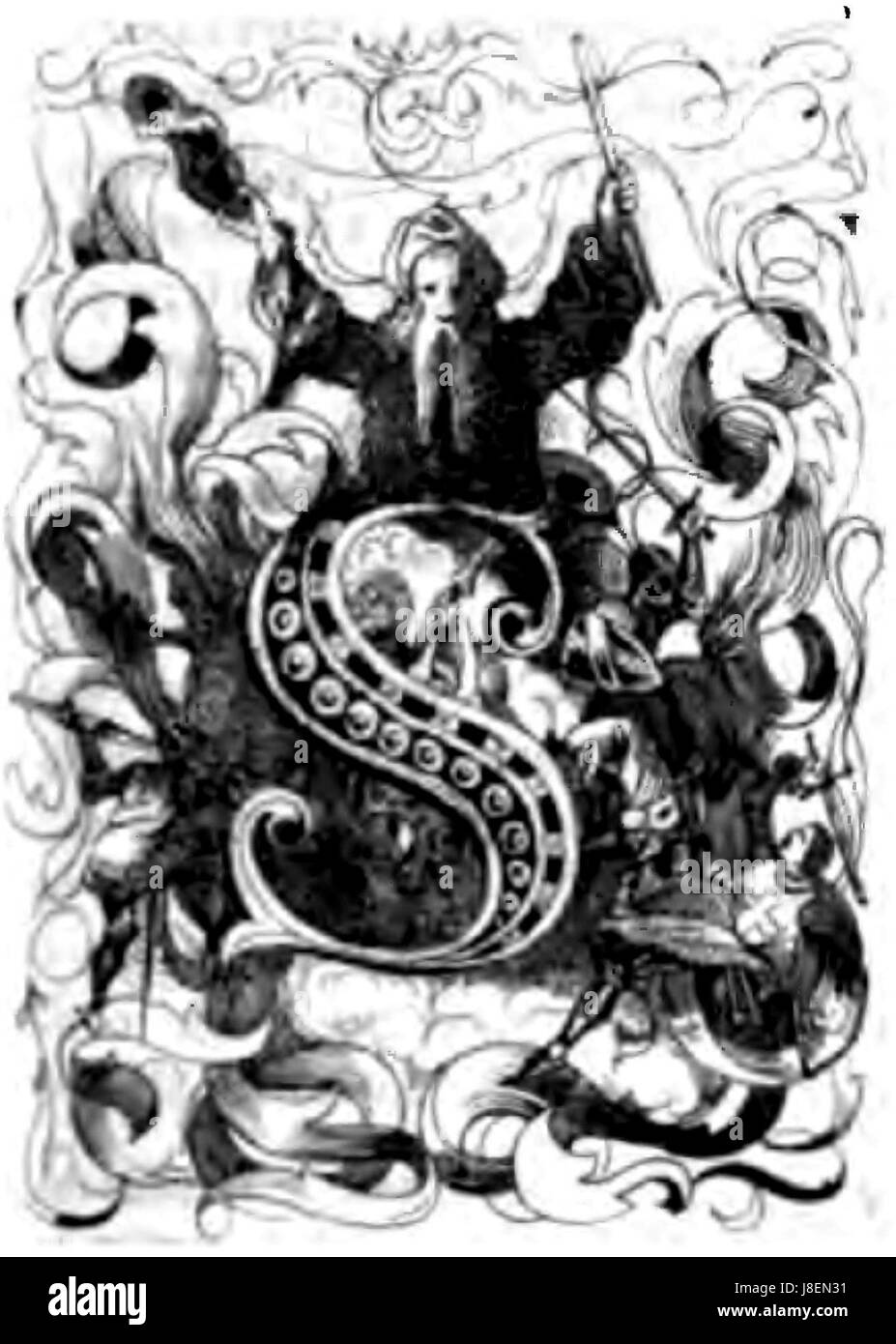 Questo titolo fa riferimento alla lettera miniata "S" di un'edizione di "Don Chisciotte", che simboleggia gli elementi fantastici del storyâ e la sua importanza letteraria. Il design decorato della lettera mette in risalto la tradizione artistica dell'illuminazione dei libri nelle edizioni storiche del famoso romanzo spagnolo di Miguel de Cervantes. Foto Stock