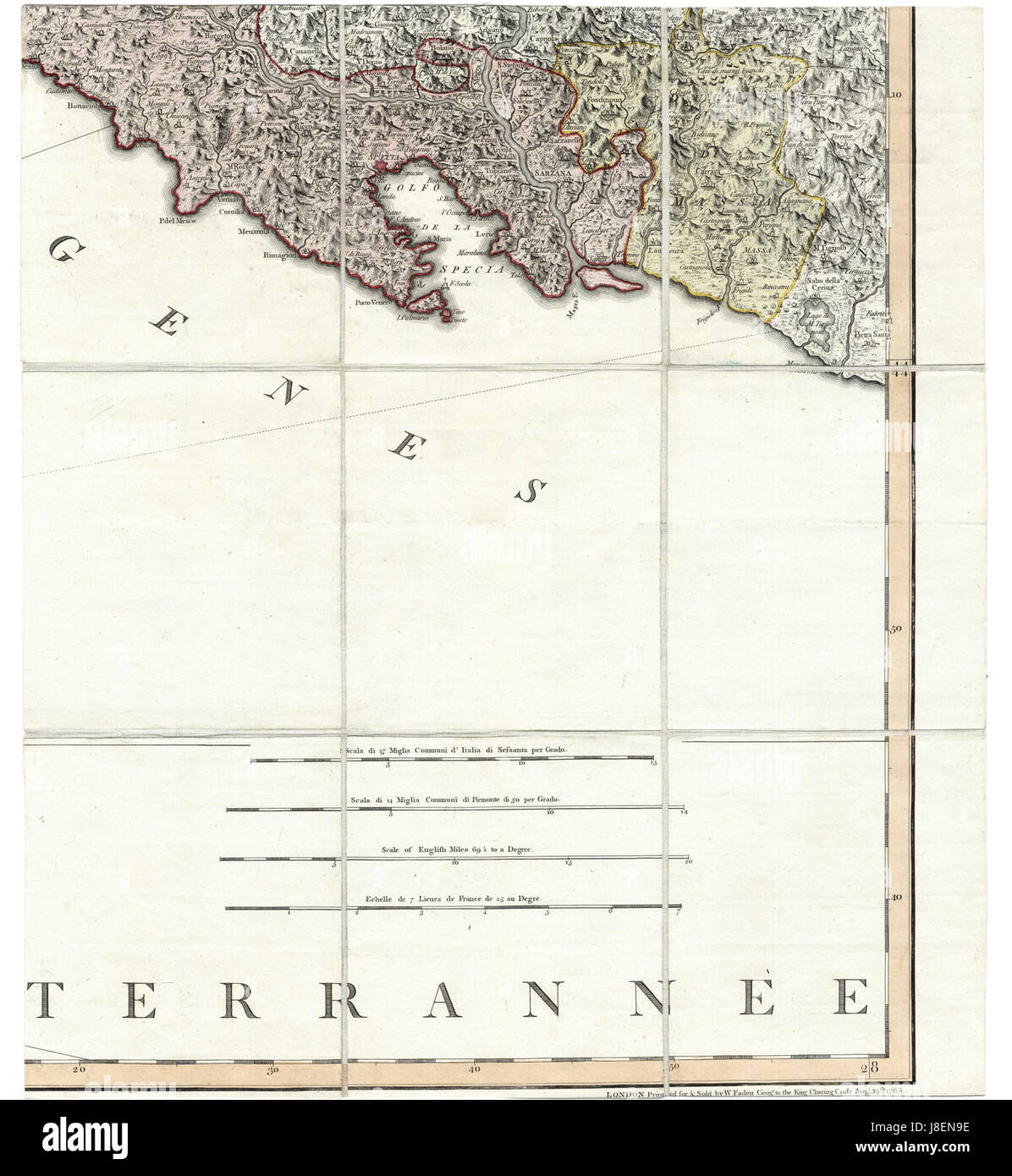 Questa mappa topografica del XVIII secolo descrive la geografia e il paesaggio della Repubblica di Genova, con particolare attenzione al Monferrato. Fornisce informazioni sulle divisioni territoriali storiche e sulle caratteristiche del territorio. Foto Stock