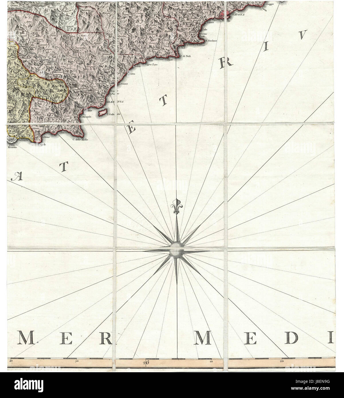 Questa storica mappa topografica della Repubblica di Genova, creata nel XVIII secolo, illustra la geografia e le caratteristiche territoriali della regione italiana del Monferrato. Fu utilizzato per comprendere il paesaggio e i confini territoriali durante quell'epoca. Foto Stock