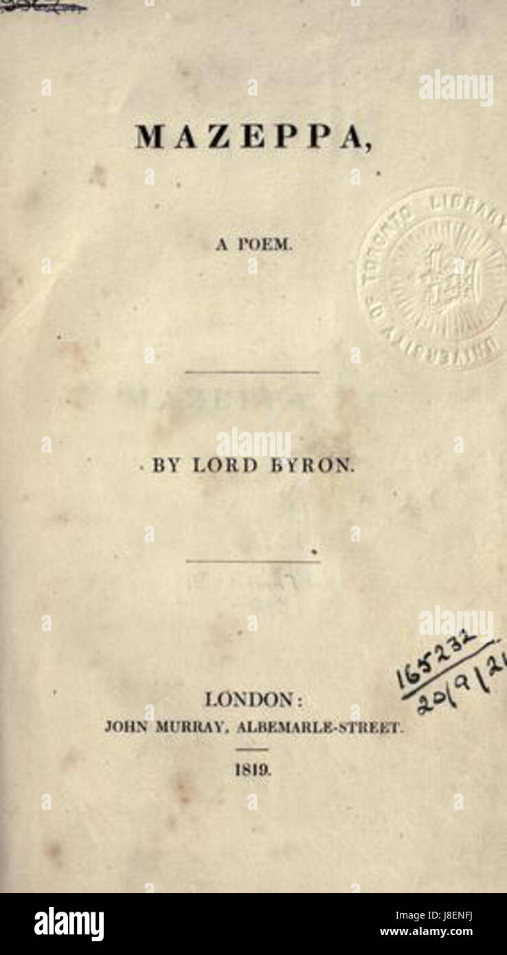 Mazeppa, prima edizione 1819, è un'opera letteraria storica di Lord Byron, che esplora temi di avventura, resilienza e spirito umano, basati su una figura della vita reale della storia. Foto Stock