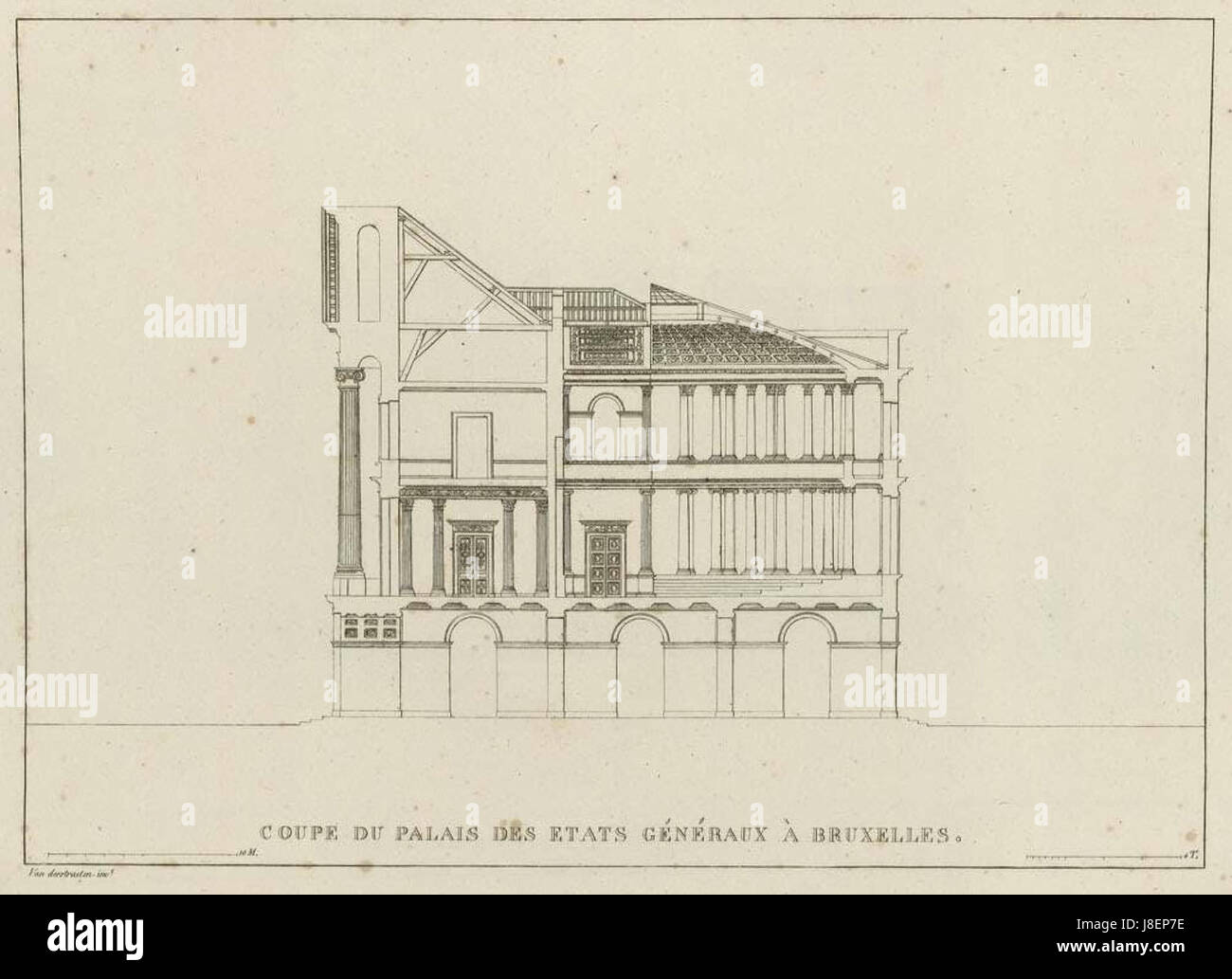 Questo titolo si riferisce a un'illustrazione o incisione di Goetghebuer del 1827, che mostra una vista trasversale del Palais des Etats Generaux di Bruxelles, evidenziando caratteristiche architettoniche. Foto Stock
