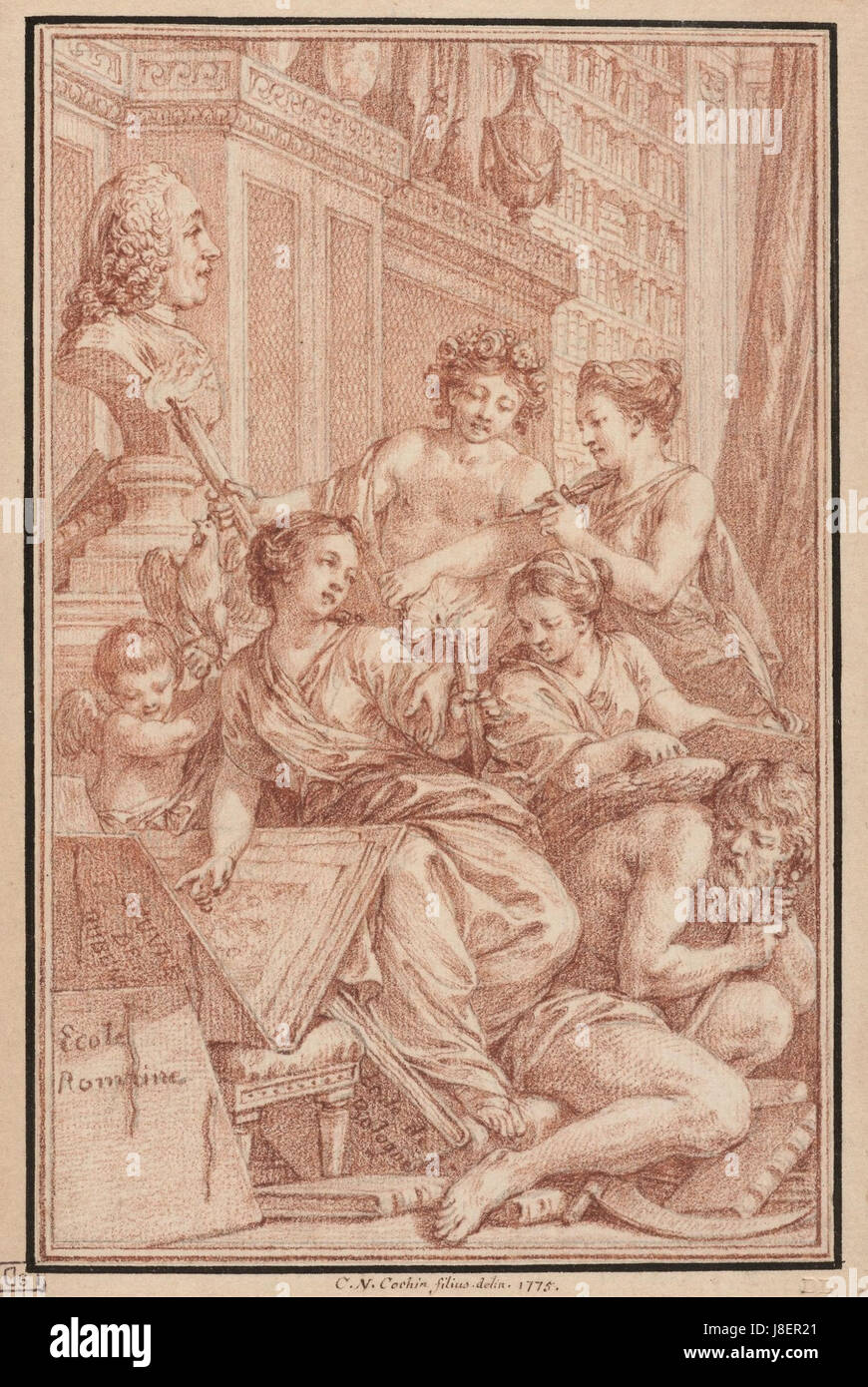 Una rappresentazione dell'"Allegoria della Connoisseurship of the Arts" di Cochin, creata nel 1775, che riflette l'apprezzamento culturale e l'analisi critica delle belle arti Foto Stock