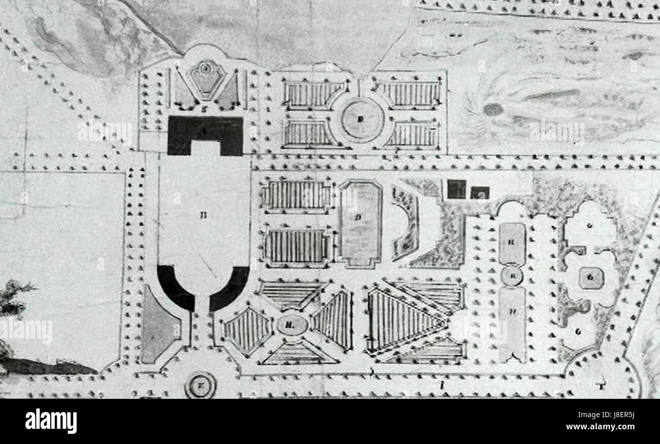 Il piano generale del 1760 di Edsbergs Slott illustra il design architettonico e paesaggistico di questo storico castello svedese. Il piano rivela la struttura e i giardini, mostrando la pianificazione dettagliata di una tenuta reale. Foto Stock