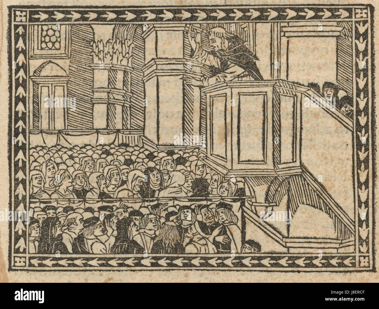 Questa immagine presenta una versione ritagliata di un ritratto del 1496 di Girolamo Savonarola, un frate domenicano italiano noto per il suo ruolo nella Firenze rinascimentale e la sua opposizione alla famiglia Medici. Foto Stock