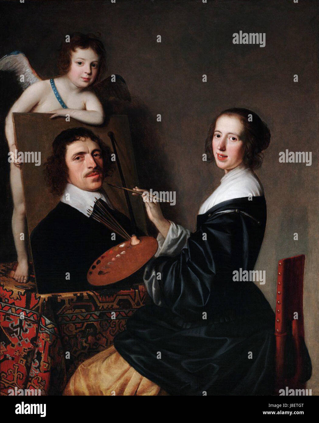 "Allegoria della pittura" di Gerard van Honthorst è un famoso dipinto barocco che rappresenta visivamente l'arte della pittura stessa. L'opera personifica la pittura come una donna con uno sfondo elaborato che simboleggia il processo artistico e la creatività durante l'era barocca. Foto Stock