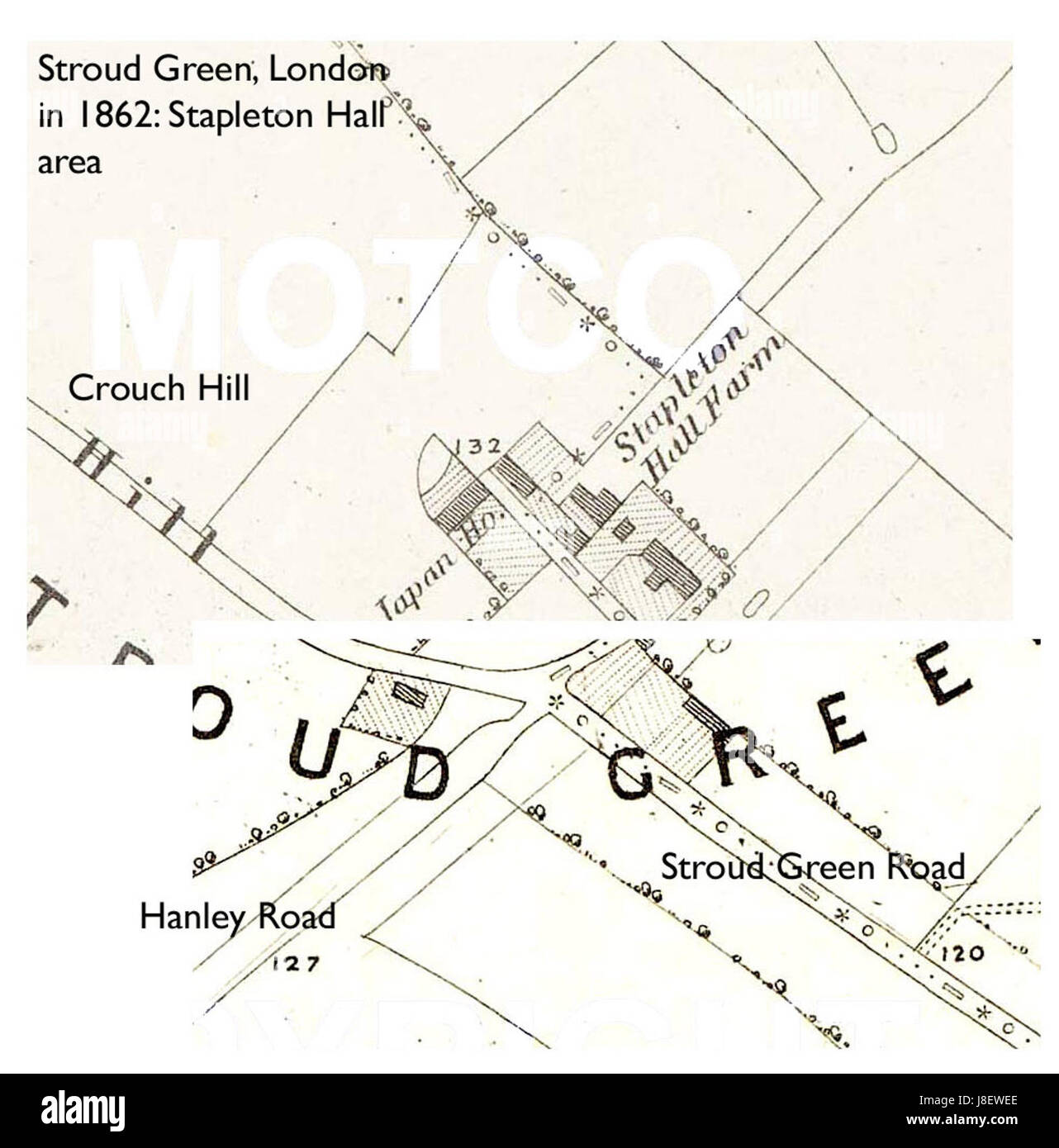 Questa è una mappa storica di Stroud Green, Londra, del 1862, che probabilmente evidenzia lo sviluppo dell'area o le caratteristiche principali durante l'era vittoriana. Stapleton Hall può essere un punto di riferimento o un luogo raffigurato sulla mappa. Foto Stock