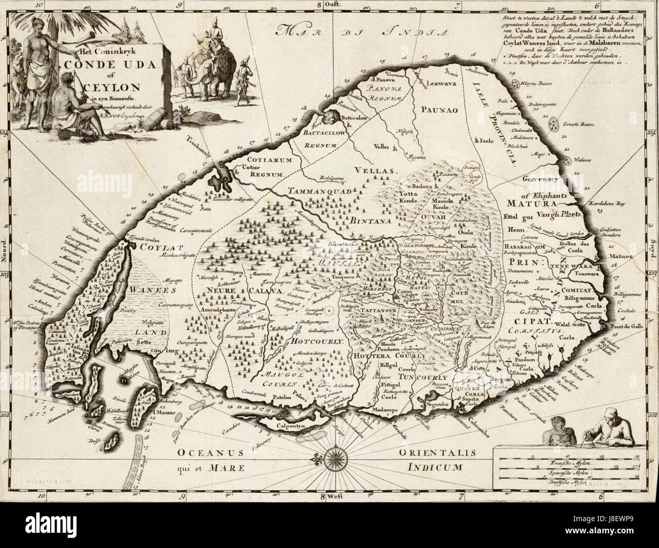 La Mappa di Eelam, incisa nel 1692, rappresenta il paese Tamil, fornendo informazioni geografiche sulla regione storicamente conosciuta come Eelam. La mappa è significativa per comprendere i confini storici e la geografia culturale del territorio. Foto Stock