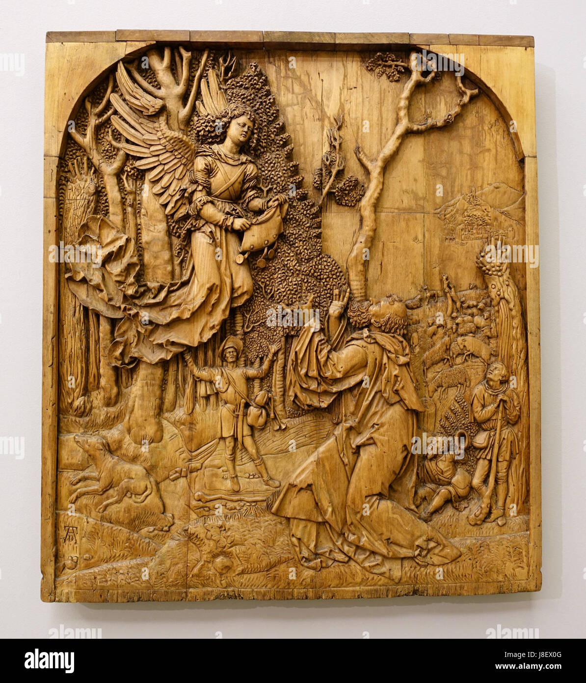 Joachim riceve il messaggio dell'Angelo, dopo una xilografia da Albrecht Durer, Alto Reno, c. 1515, di legno di tiglio Bode Museum DSC03309 Foto Stock