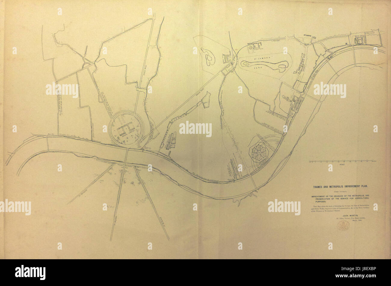 Questa immagine mostra il progetto di John Martin per un sistema fognario londinese del 1845. La mappa dettagliata evidenzia la struttura proposta e la disposizione del sistema fognario, un elemento significativo nello sviluppo urbano di Londra durante l'era vittoriana. Foto Stock