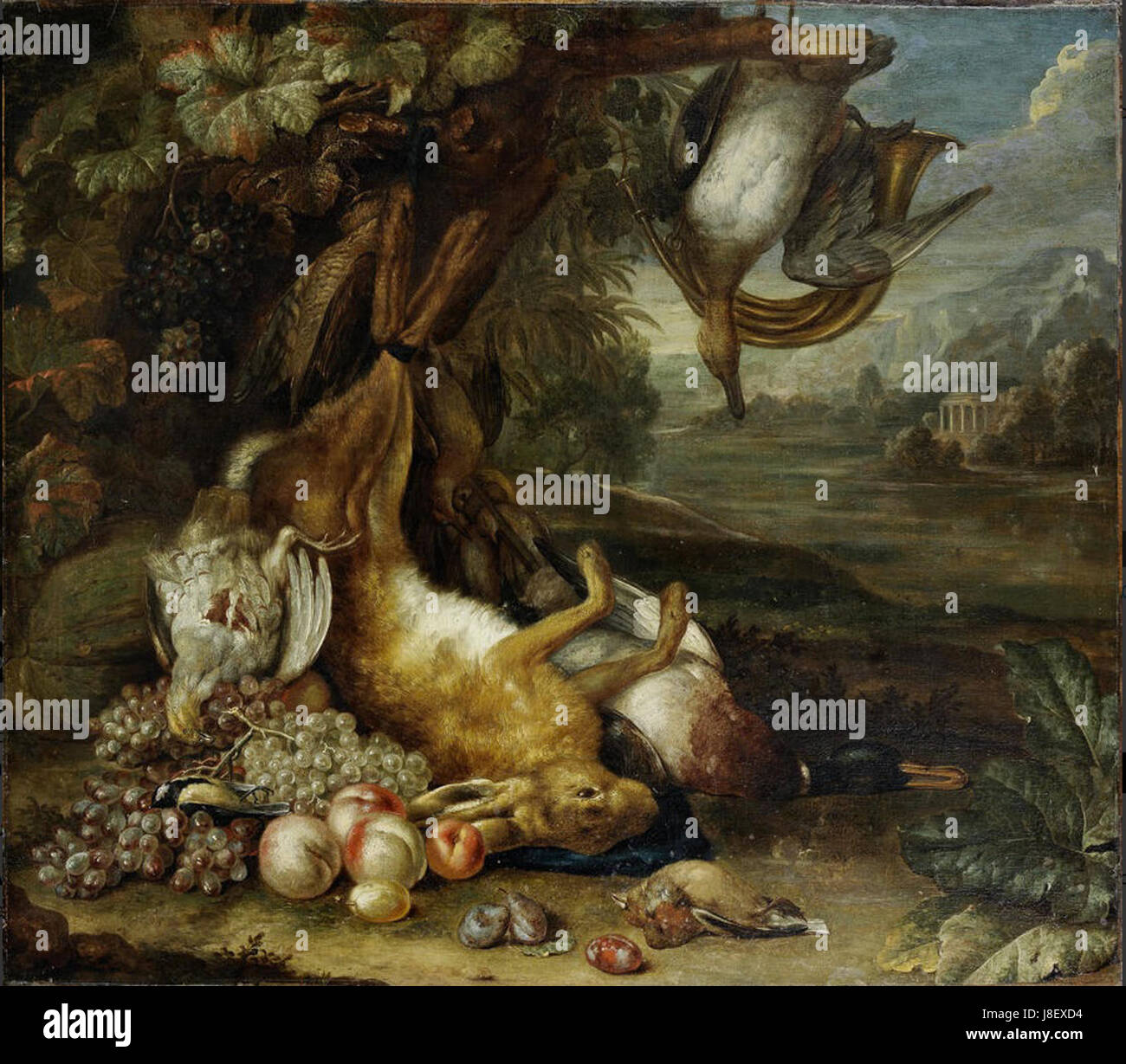 Gerard Rijsbrack morto un lepre con frutta e uccelli morti ai piedi di un albero Foto Stock Gerard Rijsbrack morto un lepre con frutta e uccelli morti ai piedi di un albero Foto Stock