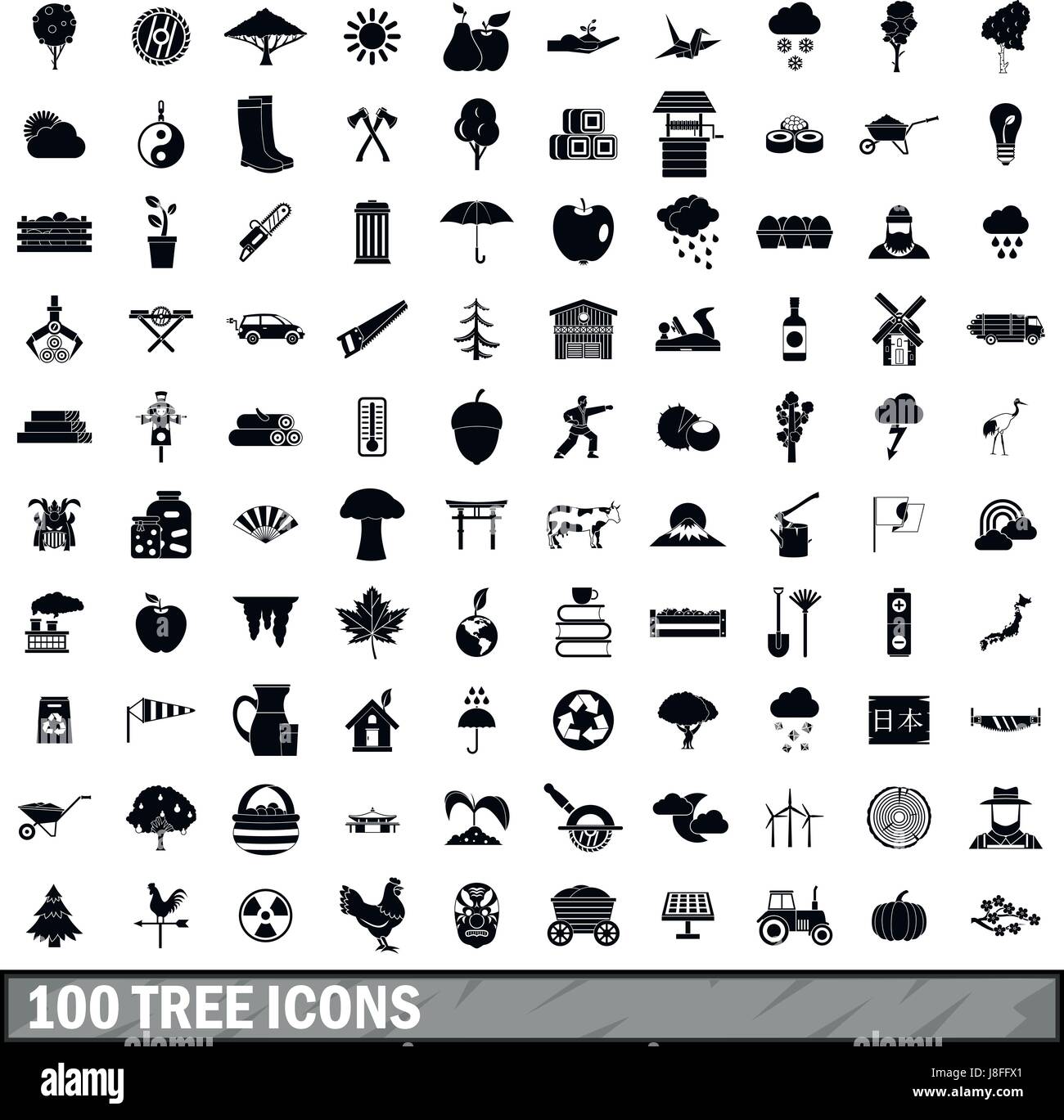 100 albero set di icone, stile semplice Illustrazione Vettoriale