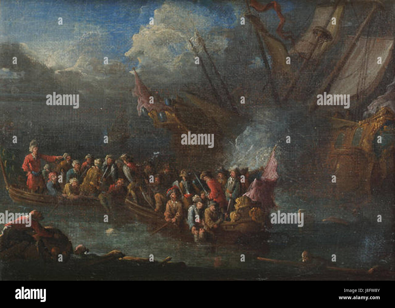 Jan Baptist van der Meiren marinai la fuga da un ardente nave Foto Stock