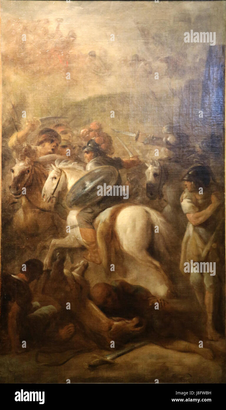 "Choc de Cavalerie" (carica di cavalleria) di Gamelin è un'incisione militare del 1791 che raffigura una carica di cavalleria. L'incisione cattura le dinamiche dell'azione sul campo di battaglia, concentrandosi sulle tattiche militari e sulla forza delle forze di cavalleria durante il periodo. Foto Stock