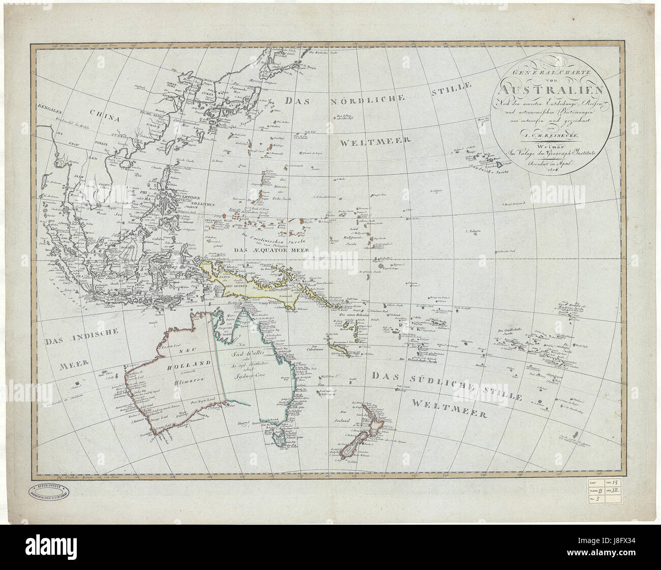 Questa carta generale dell'Australia, basata sugli ultimi viaggi esplorativi e osservazioni astronomiche, offre una mappa dettagliata del XIX secolo. Riflette la conoscenza geografica e i progressi esplorativi del tempo. Foto Stock