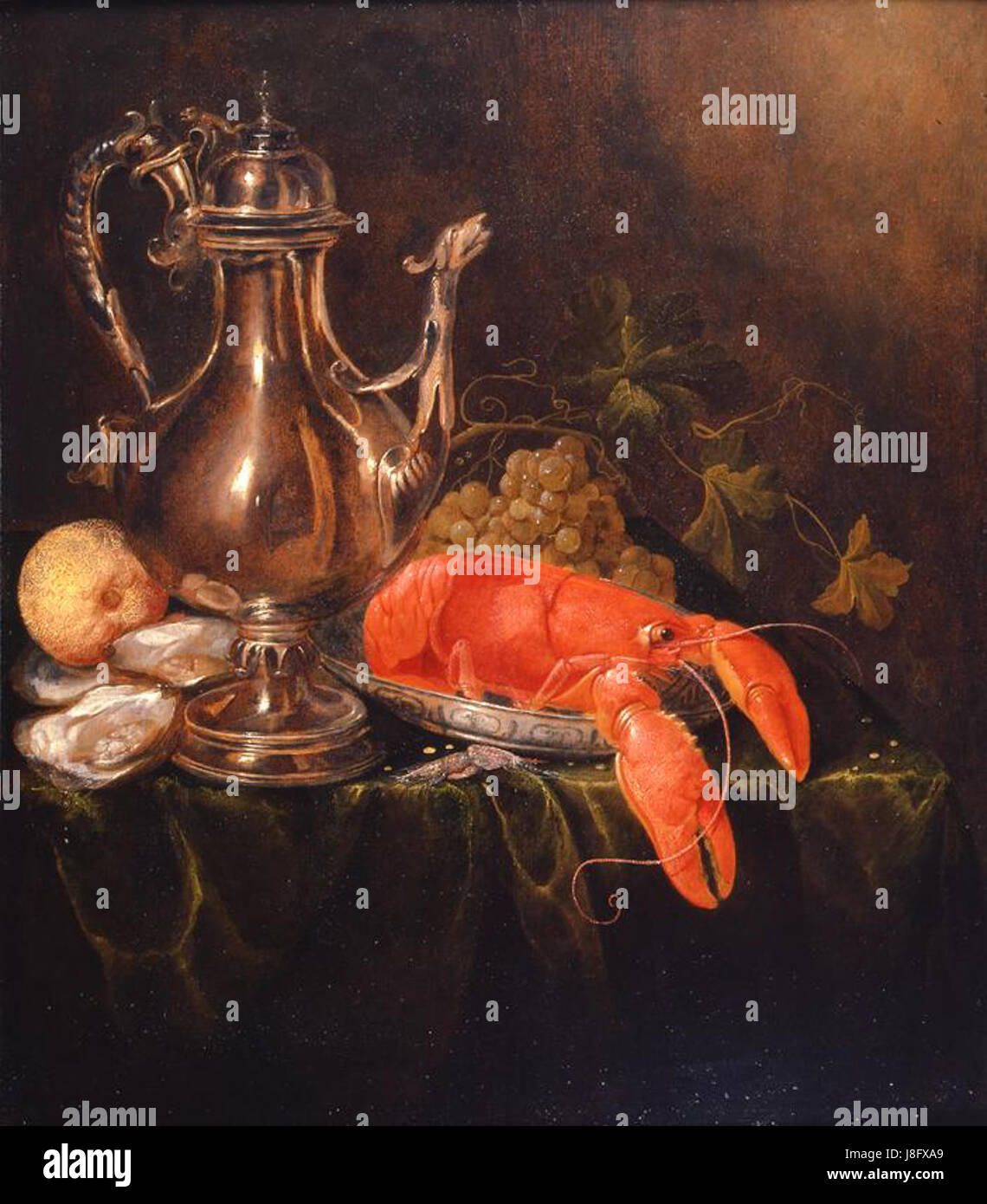 Jasper Geeraerts ancora una vita con un argento ewer, una aragosta su una piastra di porcellana, gamberi, ostriche, un limone e uva Foto Stock