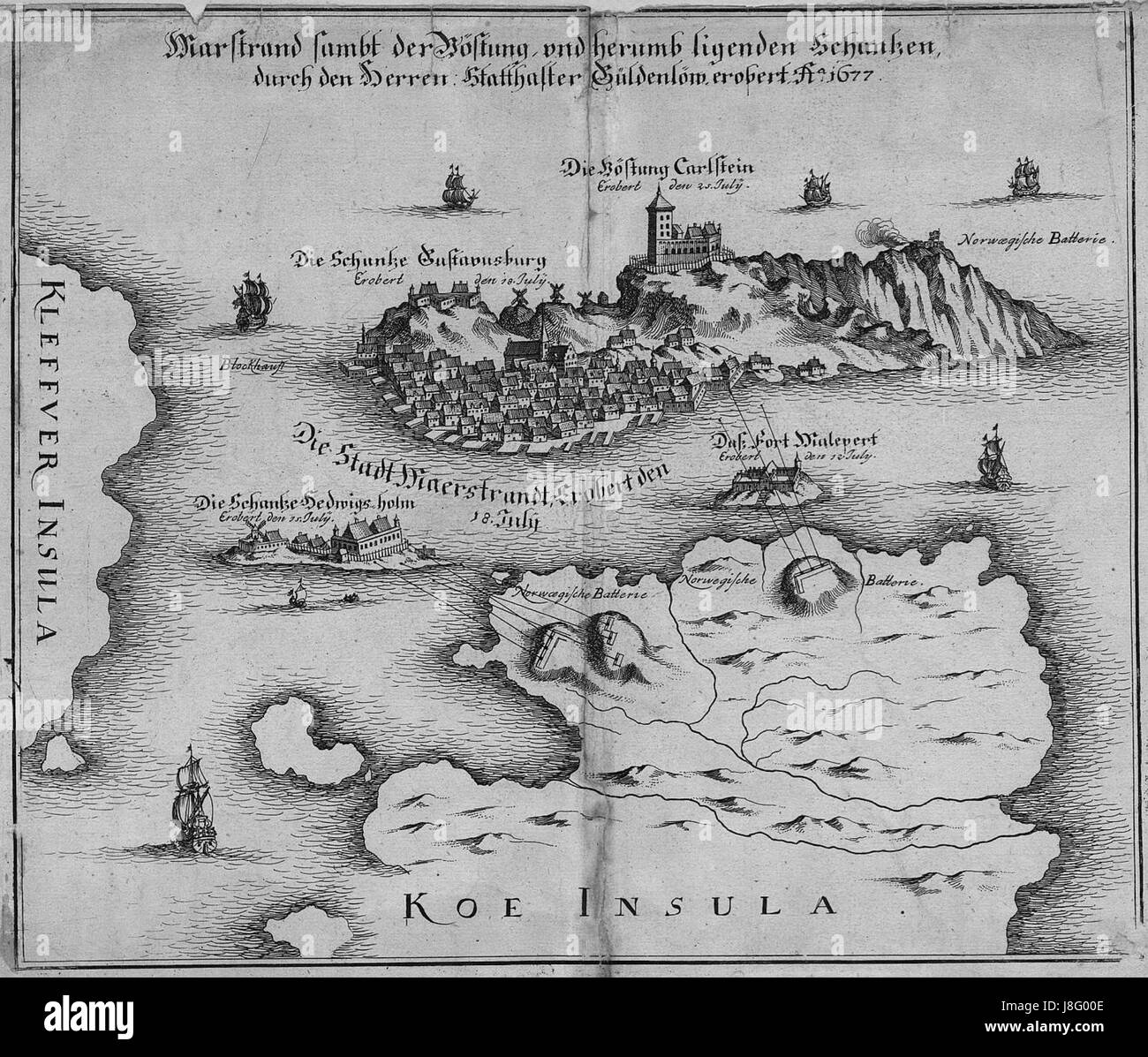 Un'immagine che cattura la battaglia di Marstrand, un significativo scontro navale durante la guerra di Scania nel 1677, dove le forze danesi-norvegesi assediarono con successo la città svedese di Marstrand. Foto Stock